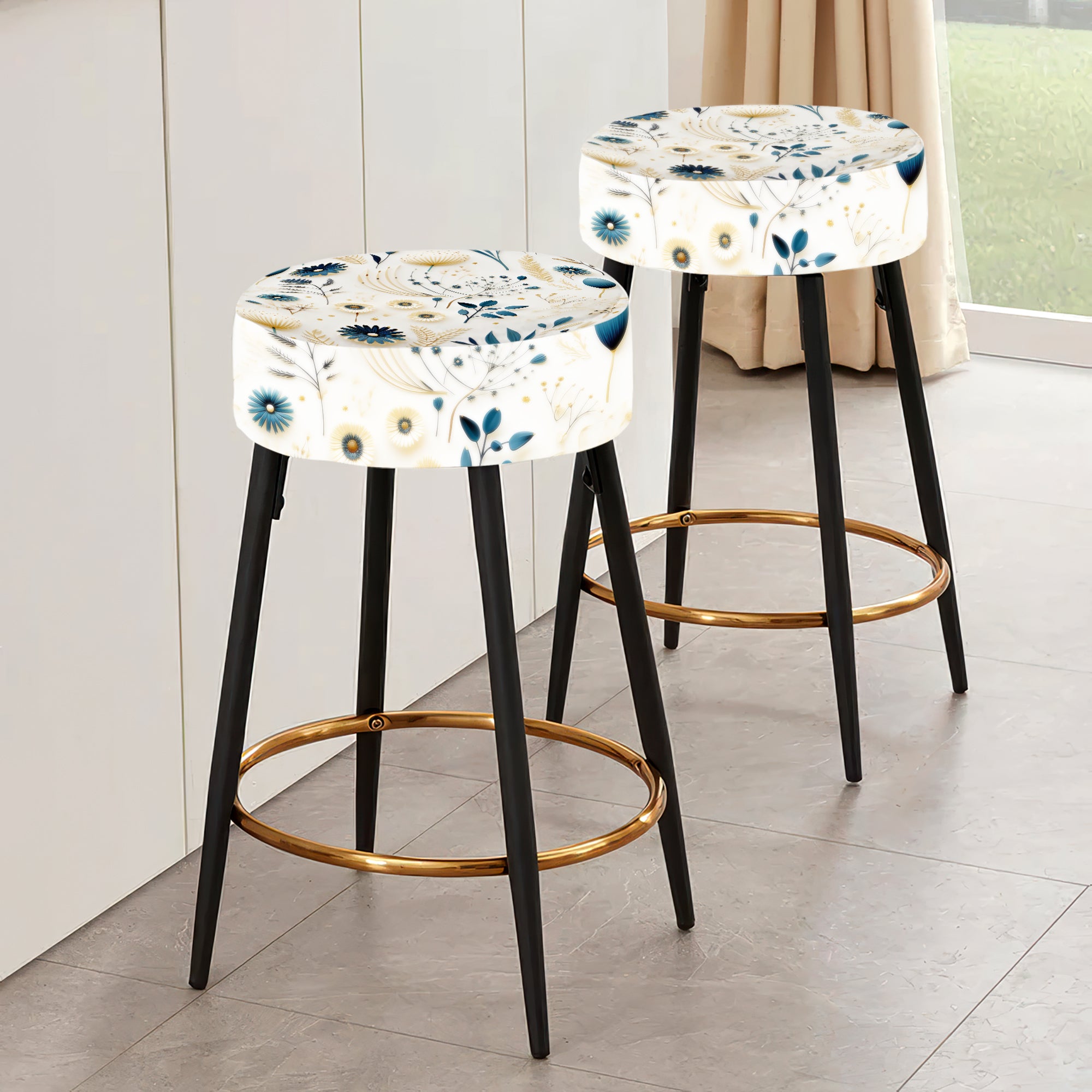 Blue And White Ferns Minimalism Boho Pattern II - Upholstered Floral Bar Stool