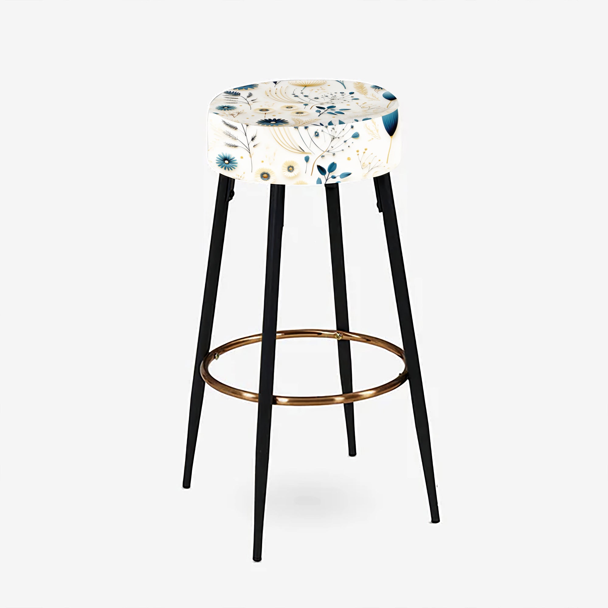 Blue And White Ferns Minimalism Boho Pattern II - Upholstered Floral Bar Stool