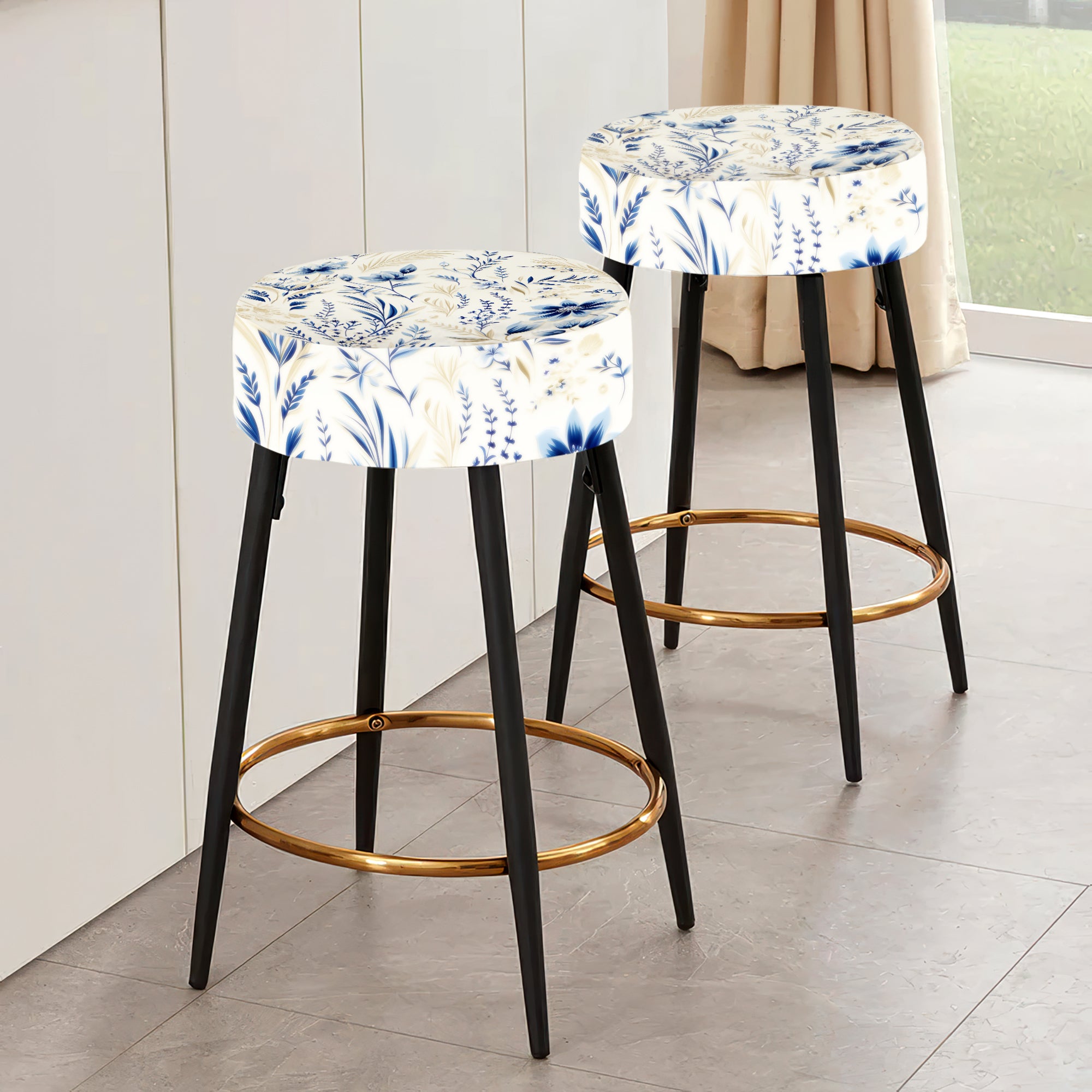 Coastal Neutrals Flowers Pattern - Upholstered Boho Bar Stool