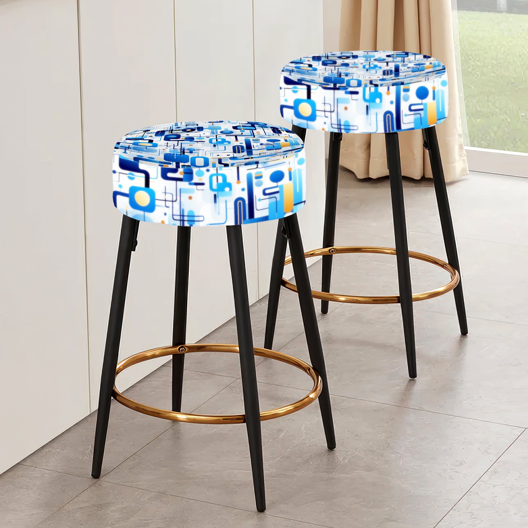 Cobalt Blue And White Grid Geometric - Upholstered Geometric Bar Stool