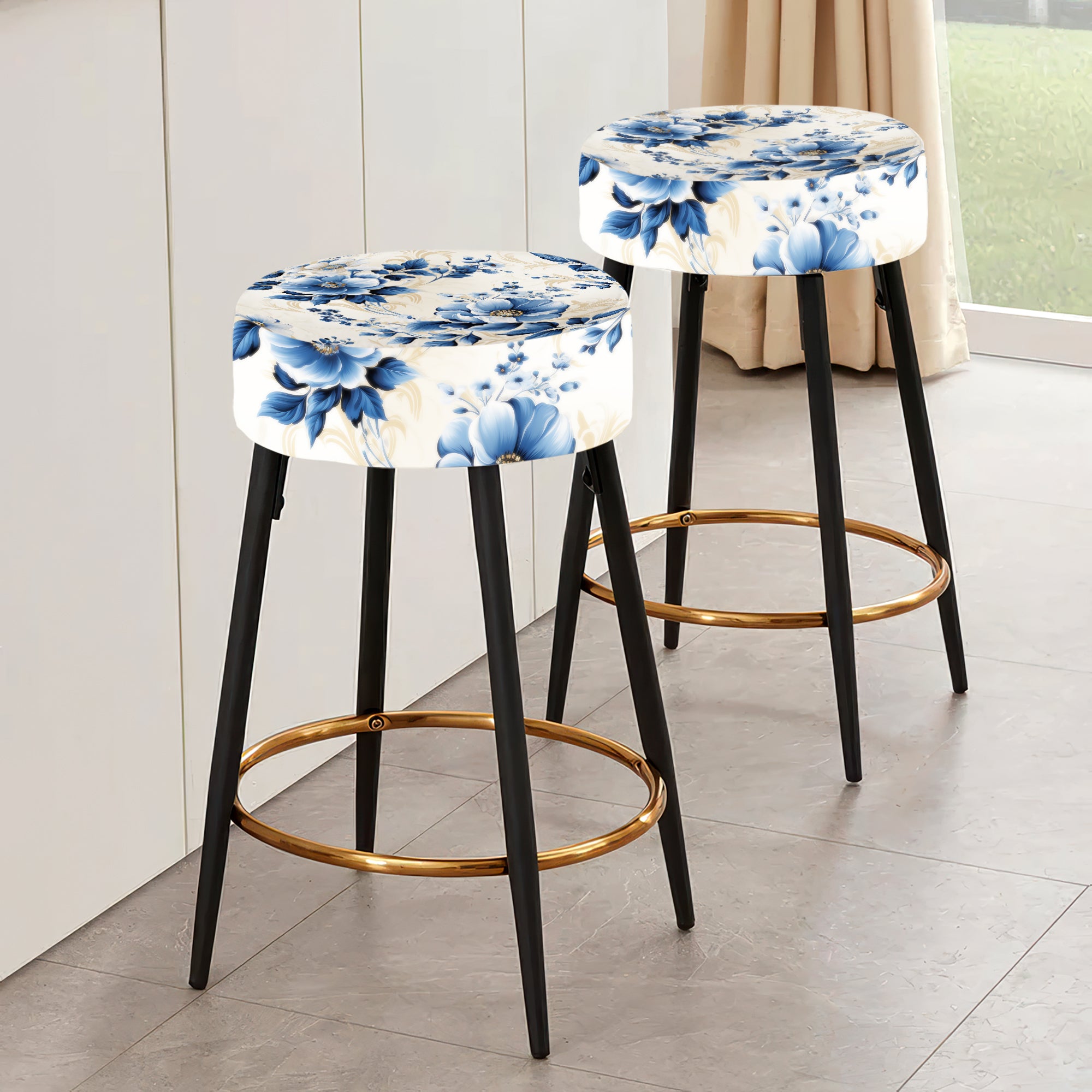 Cobalt Blue Cameo Trellis Victorian Pattern I - Upholstered Floral Bar Stool
