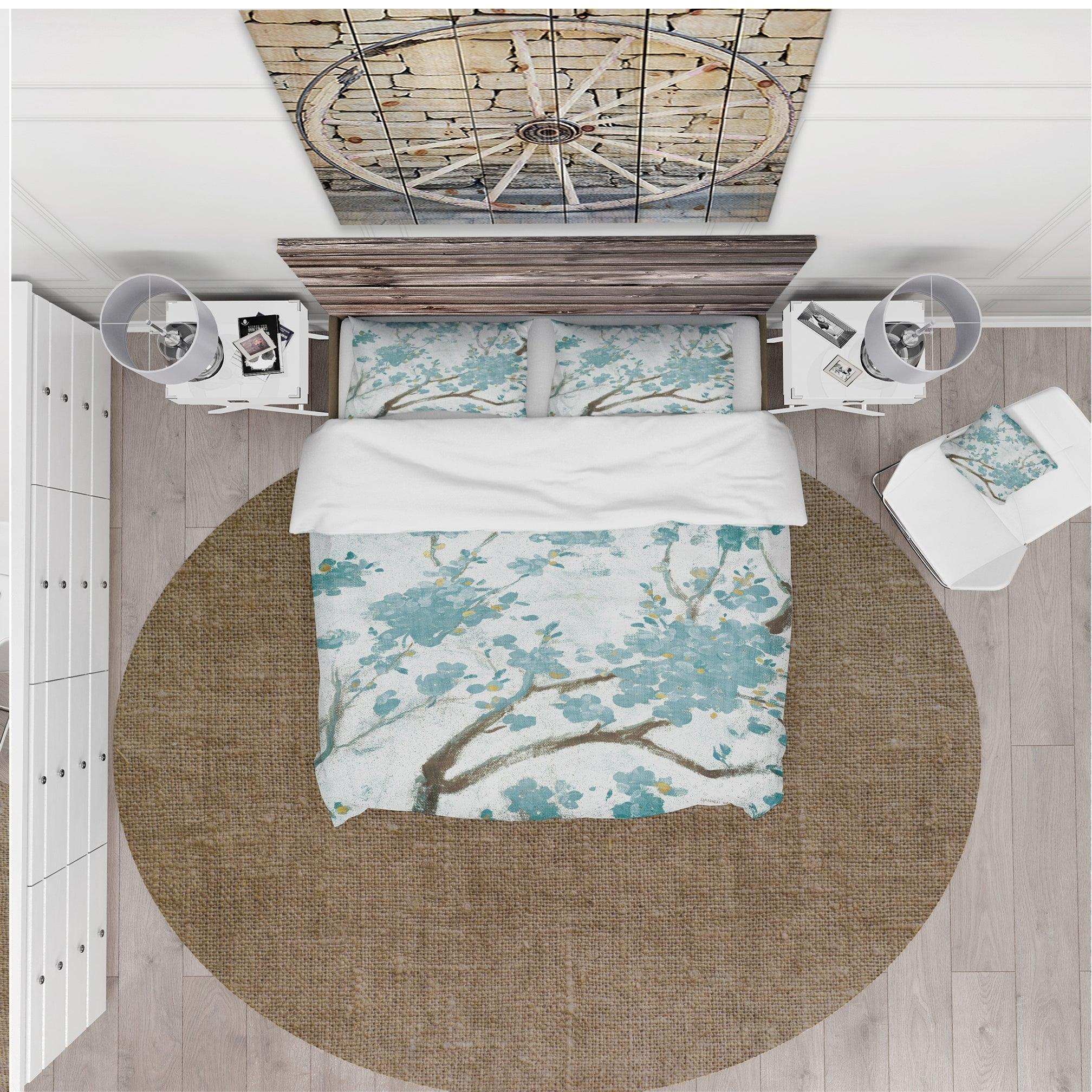 Teal Cherry Blossoms I - Farmhouse Duvet Cover Set