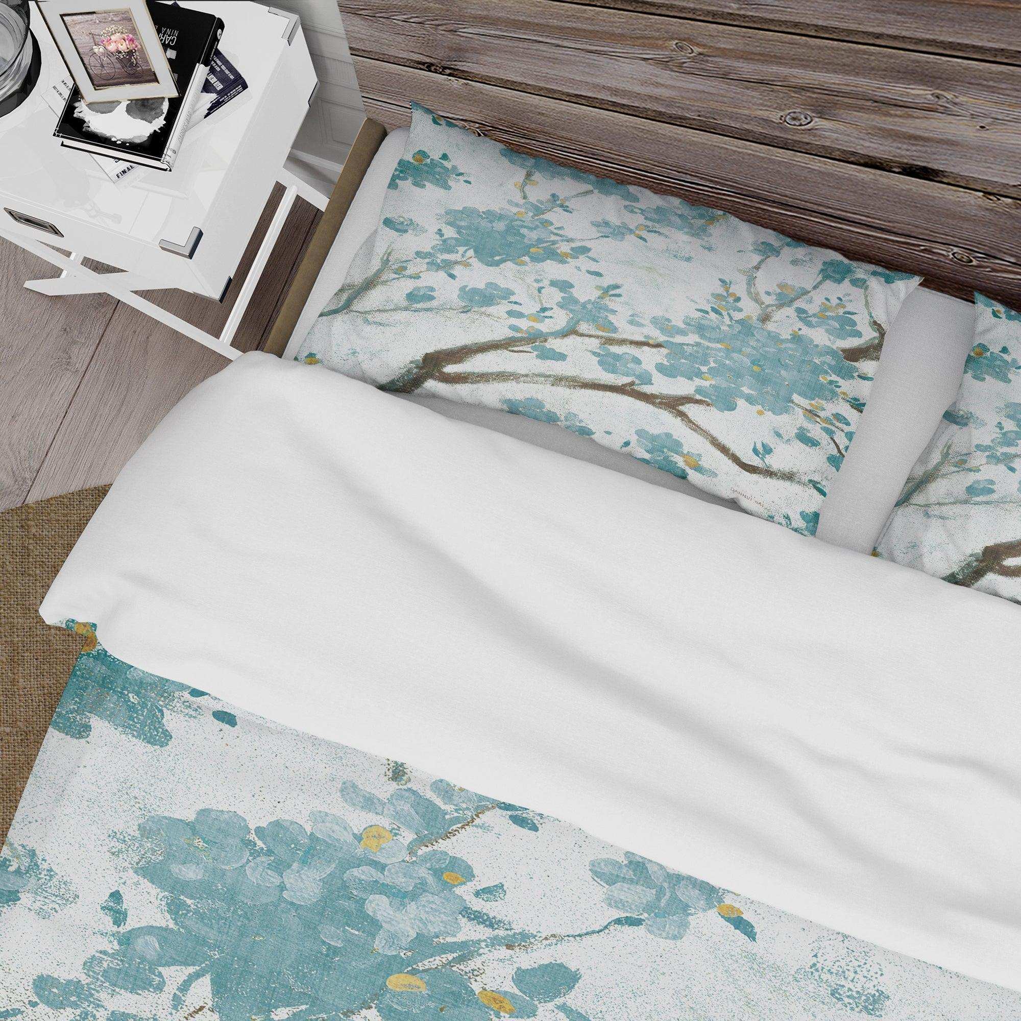Teal Cherry Blossoms I - Farmhouse Duvet Cover Set