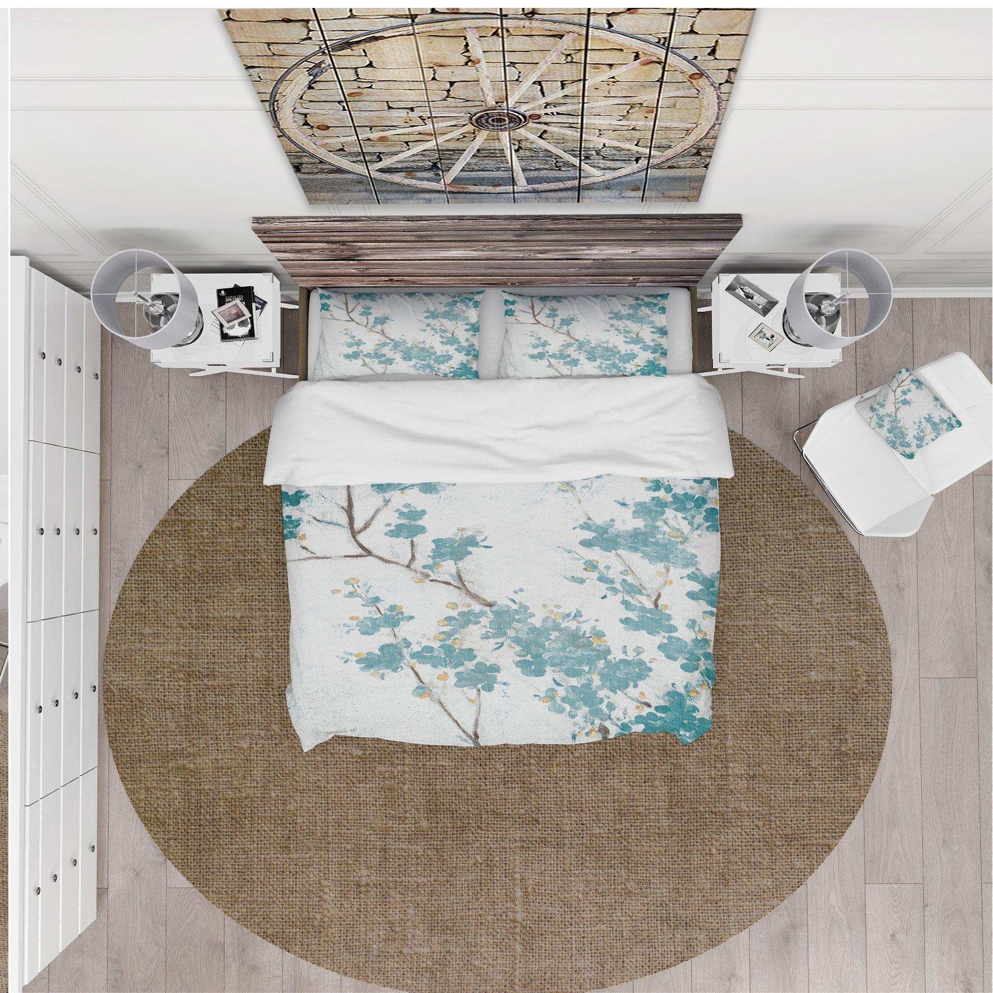 Teal Cherry Blossoms II - Farmhouse Duvet Cover Set