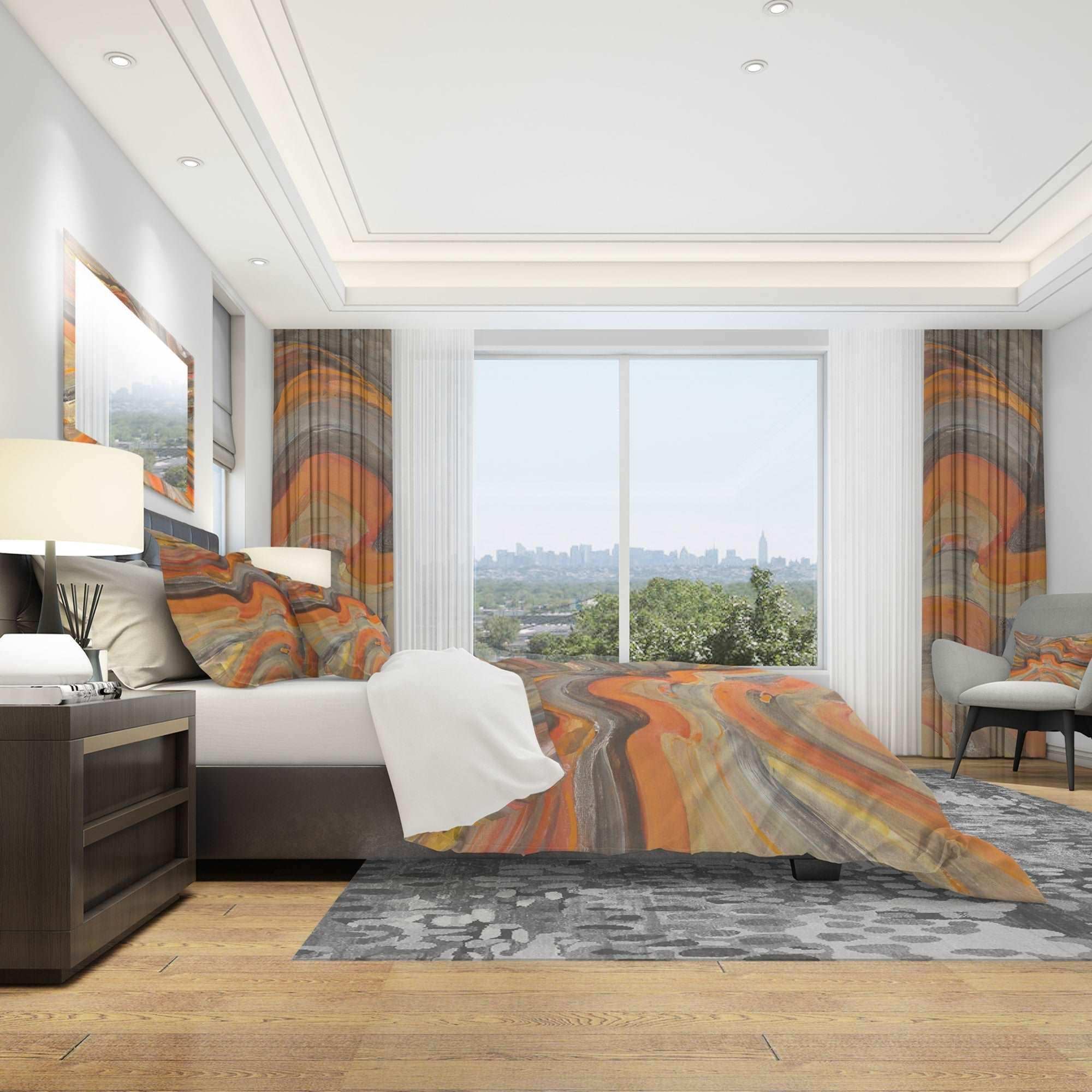 Abstract Gilded Orange Waves - Geometric Duvet Cover Set