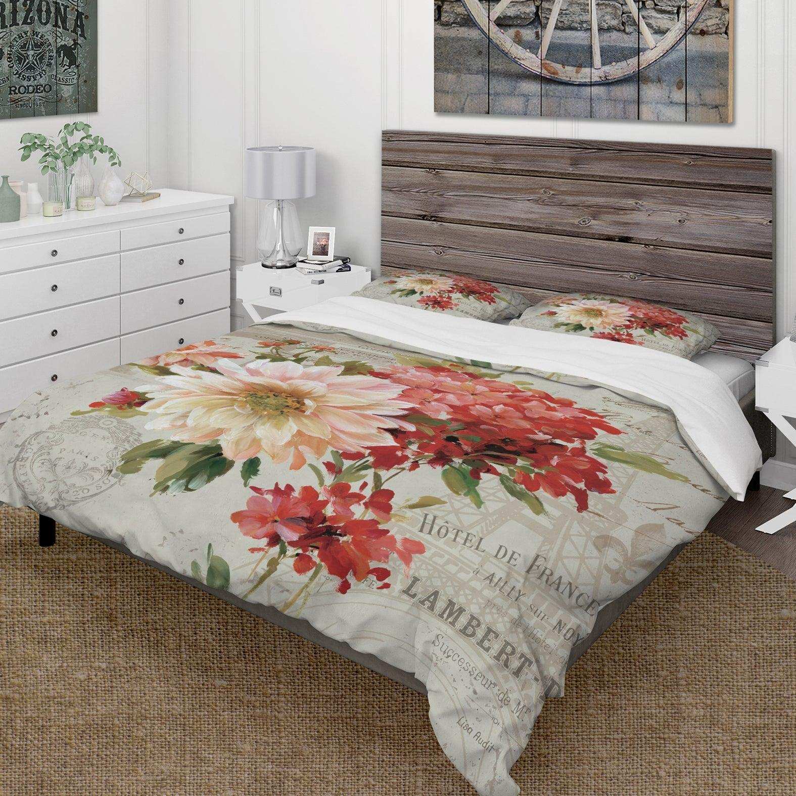 Red Painted Flowers on Vintage Postcard I - Cottage Duvet Cover Set