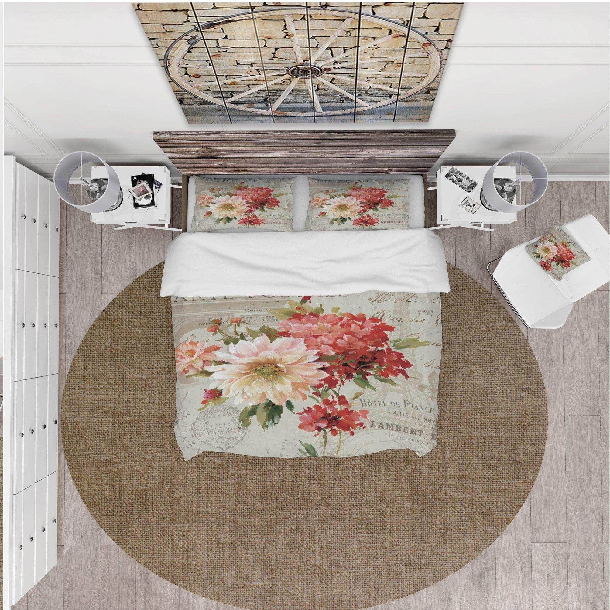 Red Painted Flowers on Vintage Postcard I - Cottage Duvet Cover Set