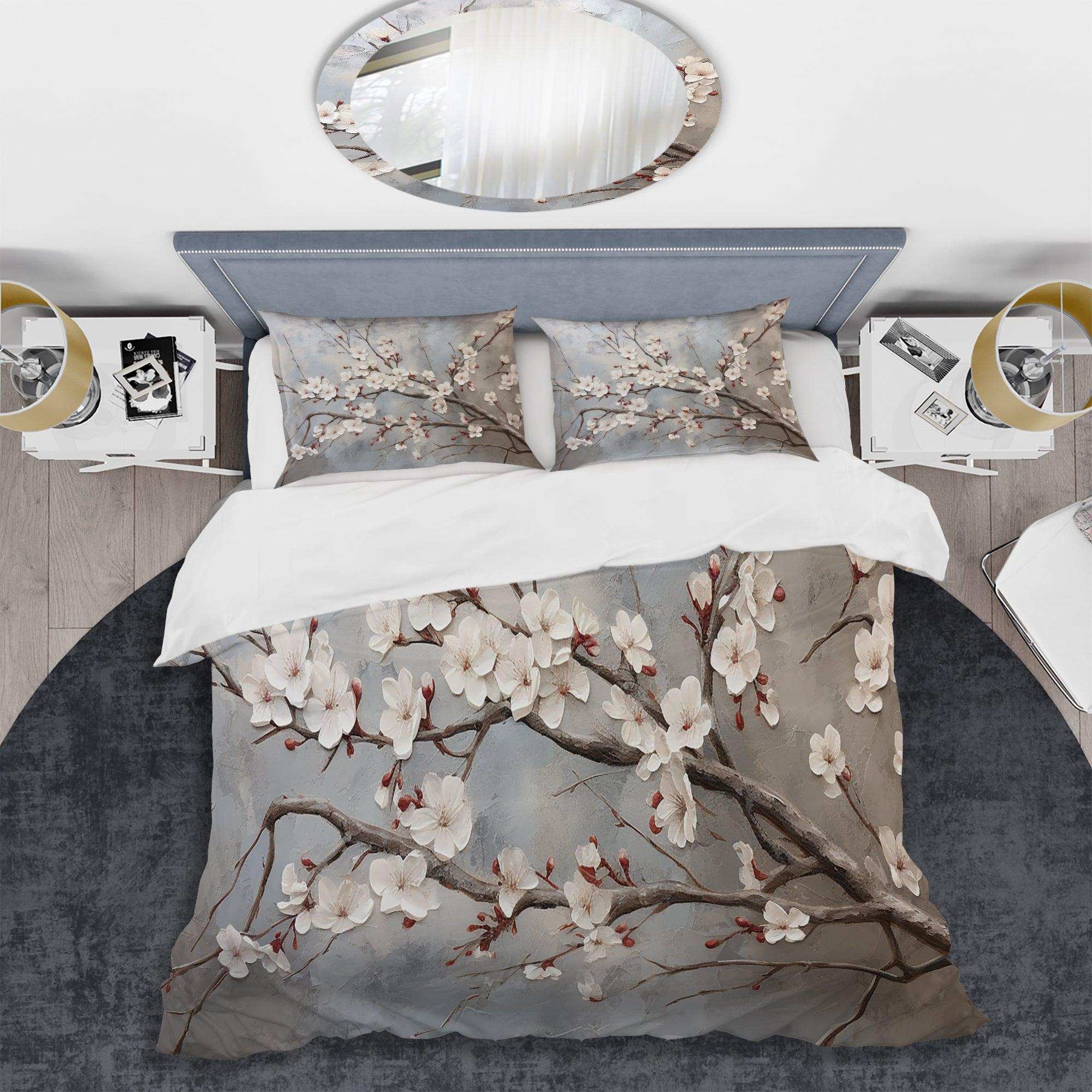 Minimalism Grey And Beige Cherry Blossom I - Duvet Cover Set