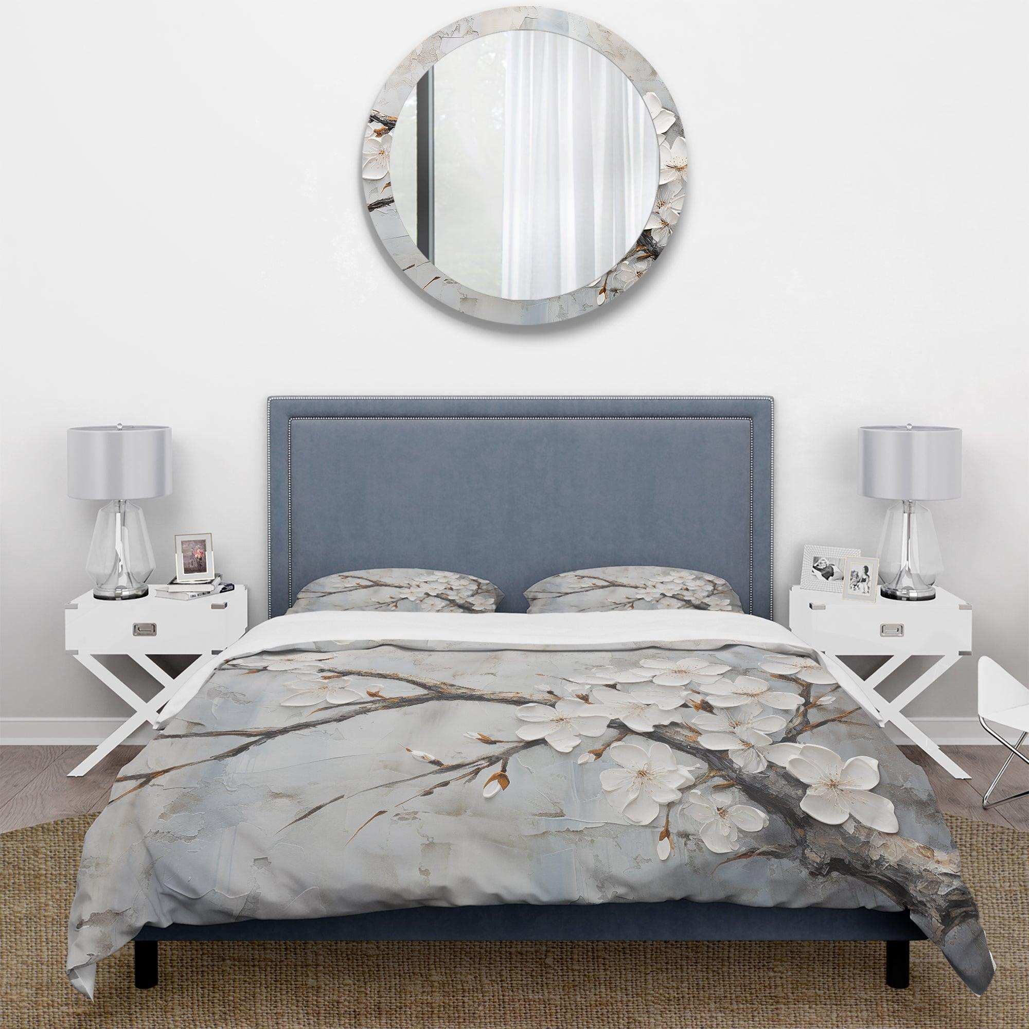 Minimalism White And Grey Cherry Blossom - Duvet Cover Set
