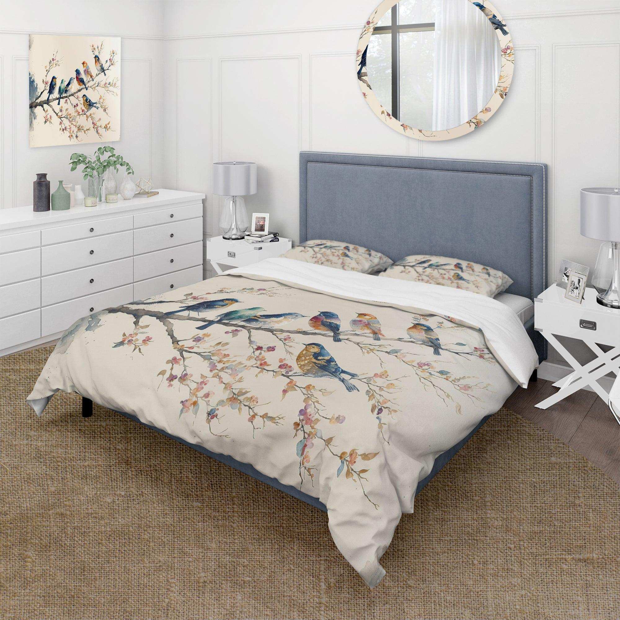 Multicolor Birds On Plum Blossoms Tree VIII - Duvet Cover Set