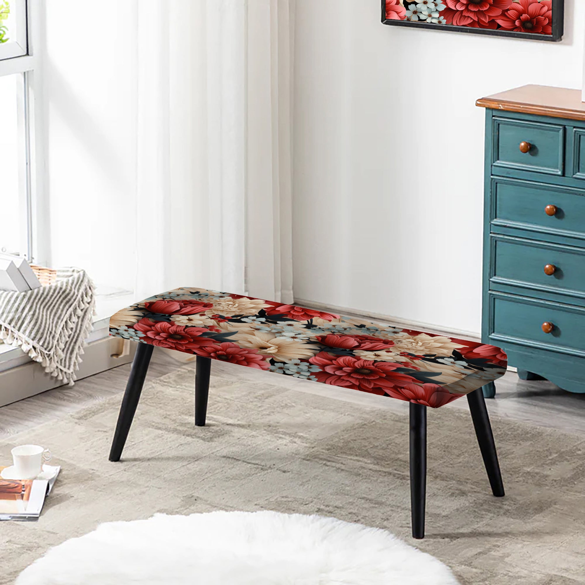 Coral Gingham Charm Floral Pattern" Upholstered Floral Bench - Traditional Bench