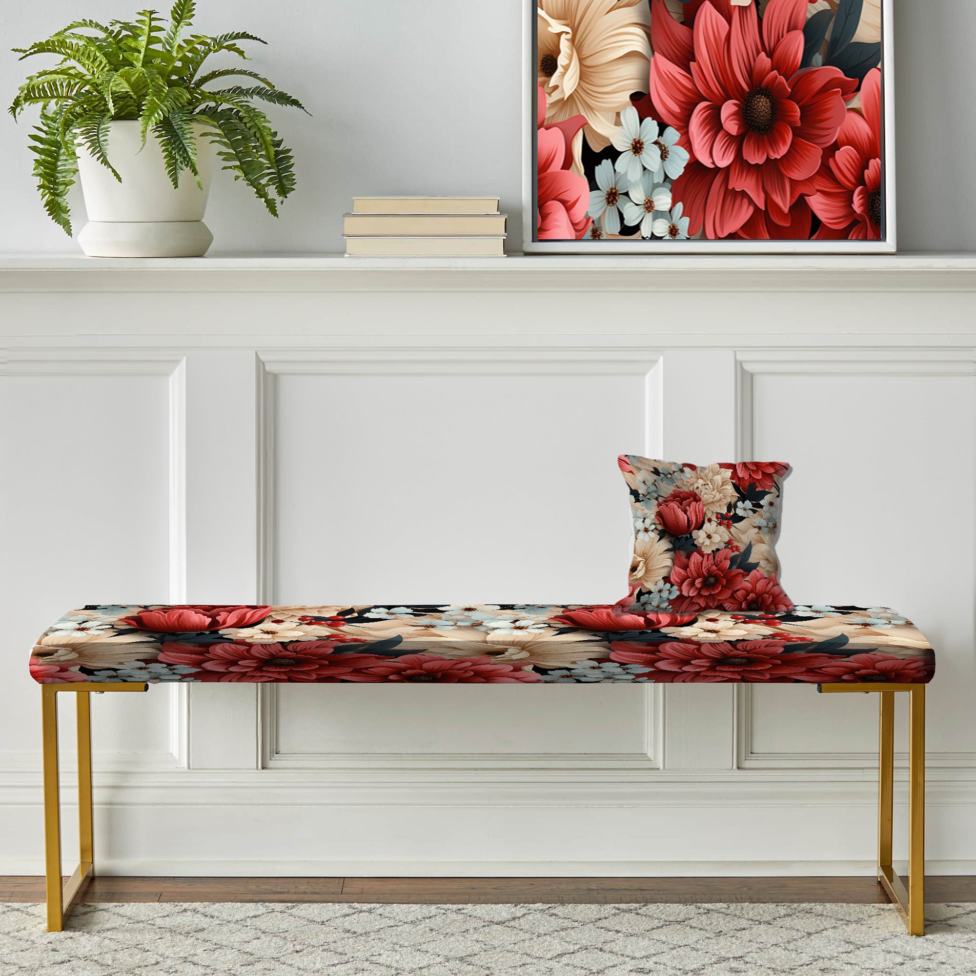 Coral Gingham Charm Floral Pattern" Upholstered Floral Bench - Traditional Bench