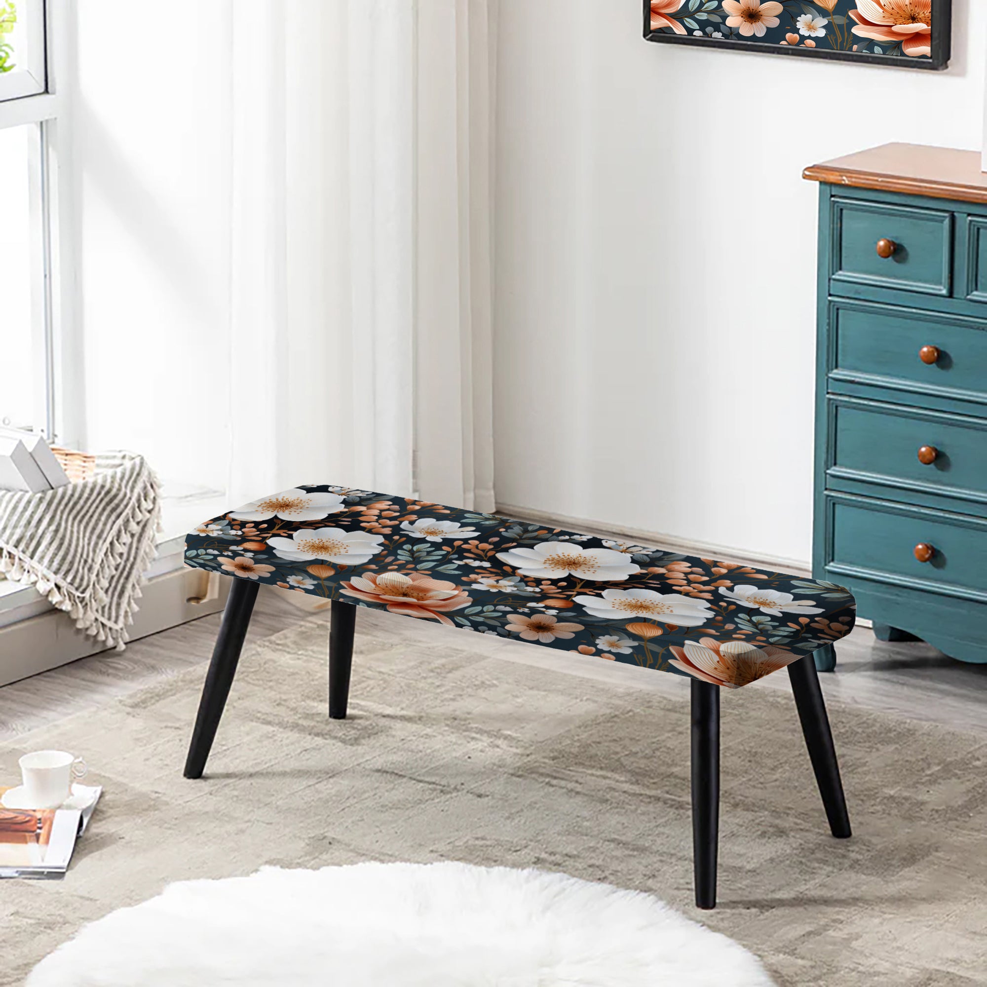 Watercolor Flower Printed Pattern" Upholstered Floral Bench - Traditional Bench