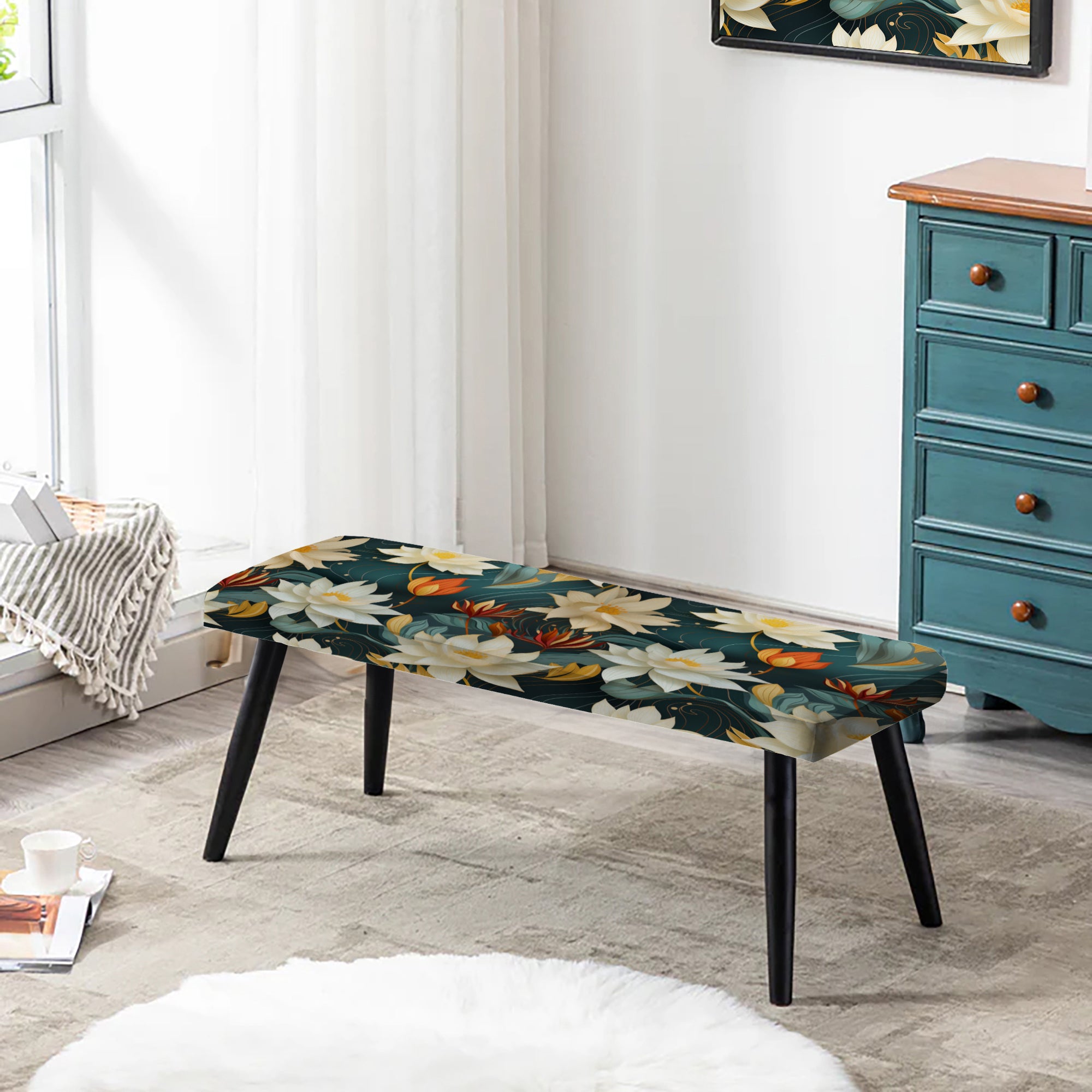 Zen Oasis Of Calm Mediation" Upholstered Floral Bench - Bohemian Bench