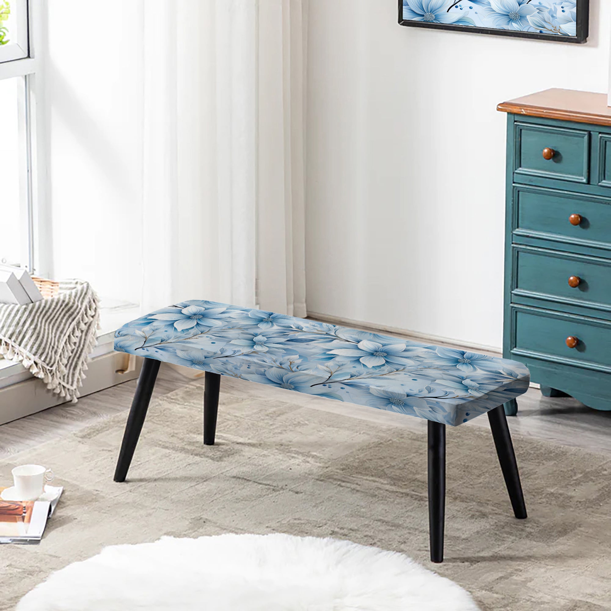 Arctic Breeze Blue Daisy" Upholstered Floral Bench - Traditional Bench