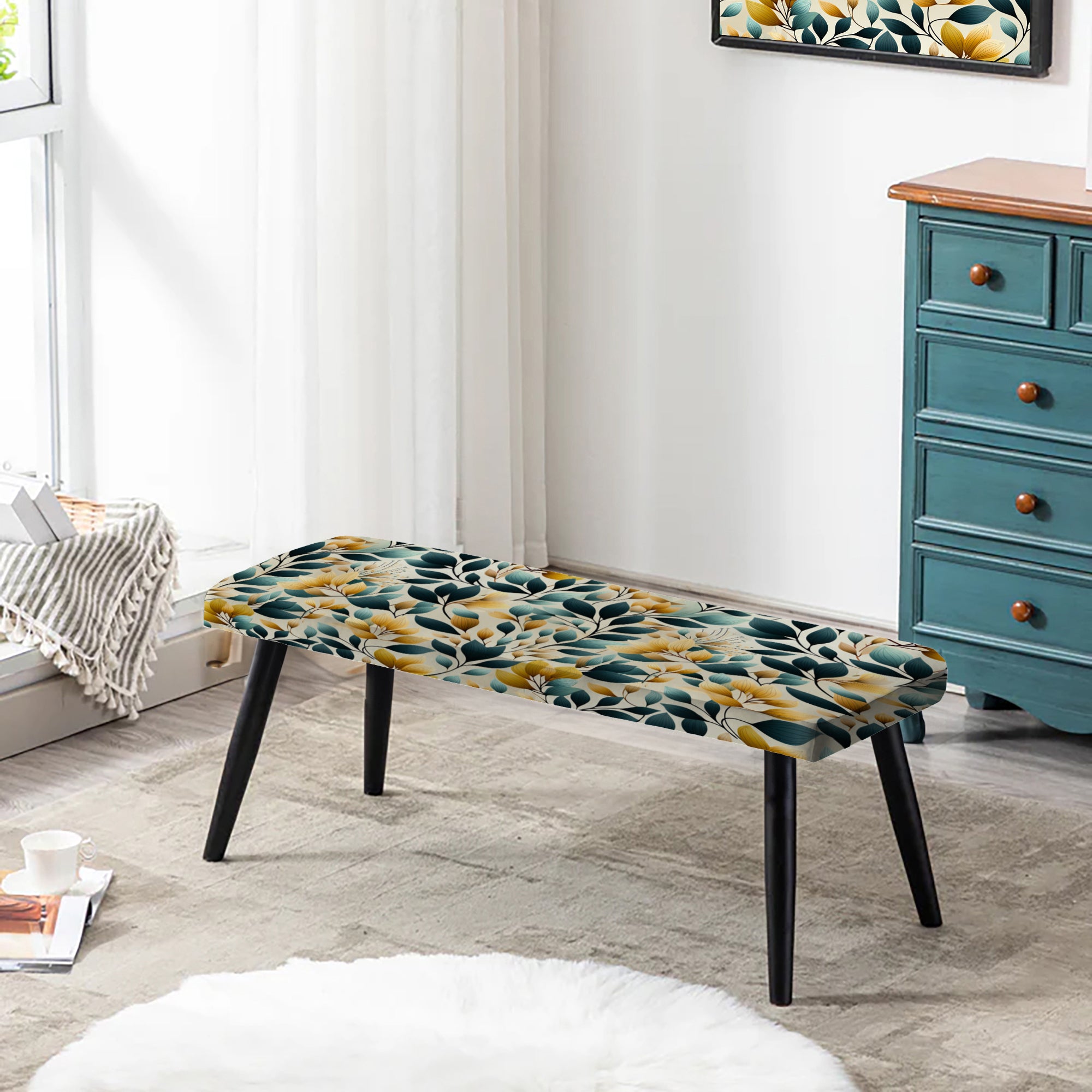 Yellow And Teal Natural Botanical Harmony" Upholstered Floral Bench - Bohemian Bench