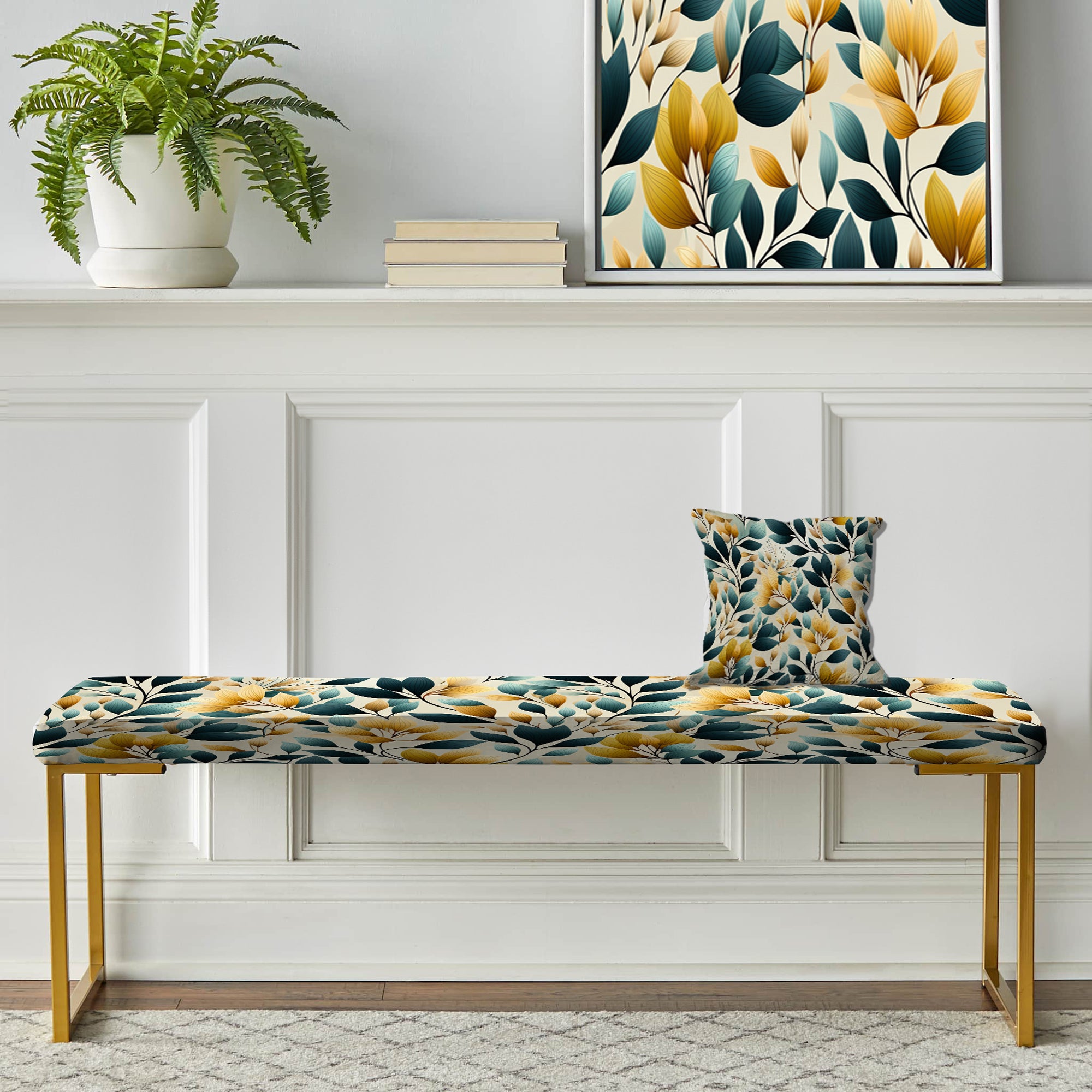 Yellow And Teal Natural Botanical Harmony" Upholstered Floral Bench - Bohemian Bench