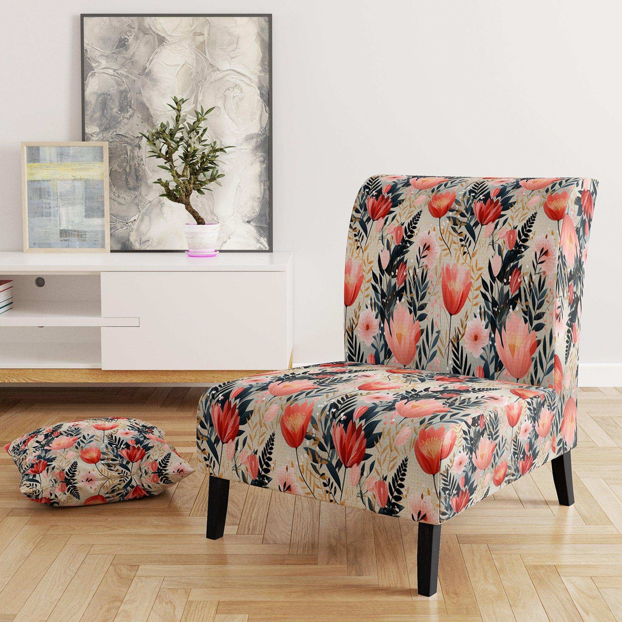 Love In The Wild Coral And Beige Lfower- Upholstered Accent Chair