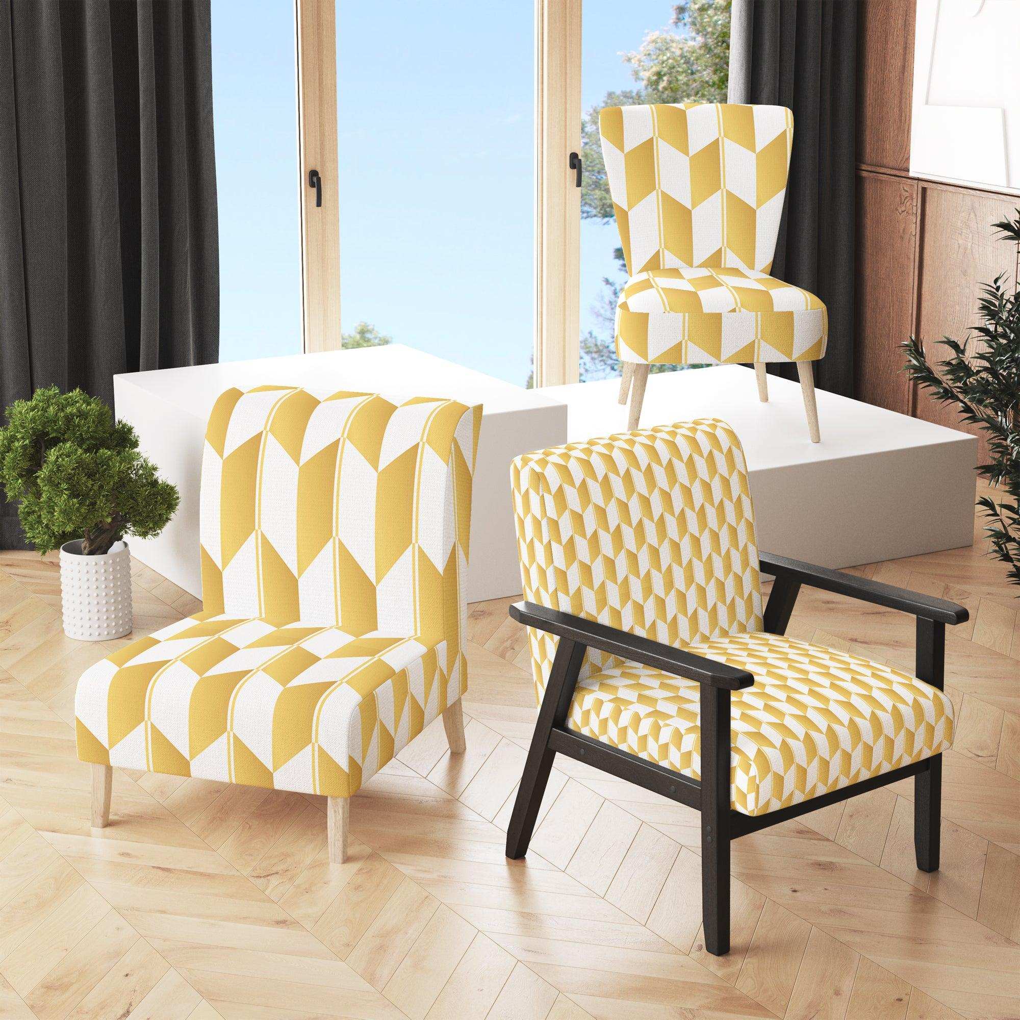 Gold And White Geometric Pattern I Mid-Century Accent Chair