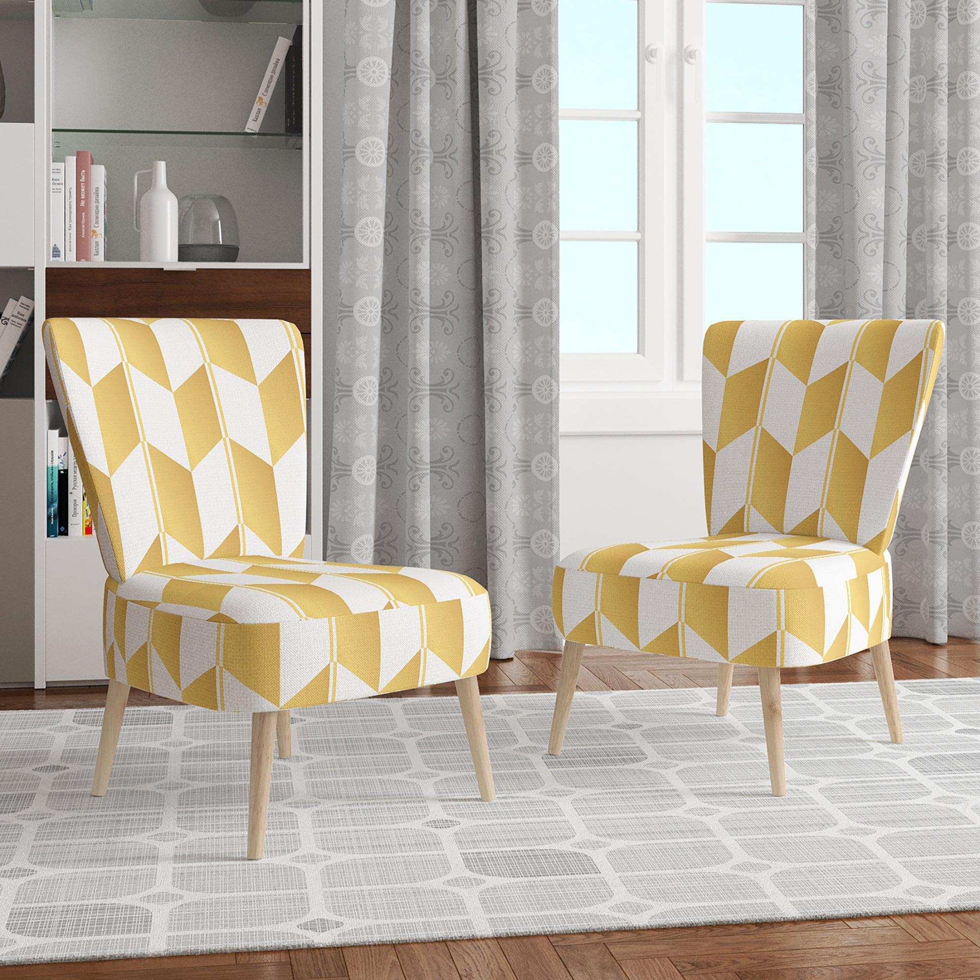 Gold And White Geometric Pattern I Mid-Century Accent Chair