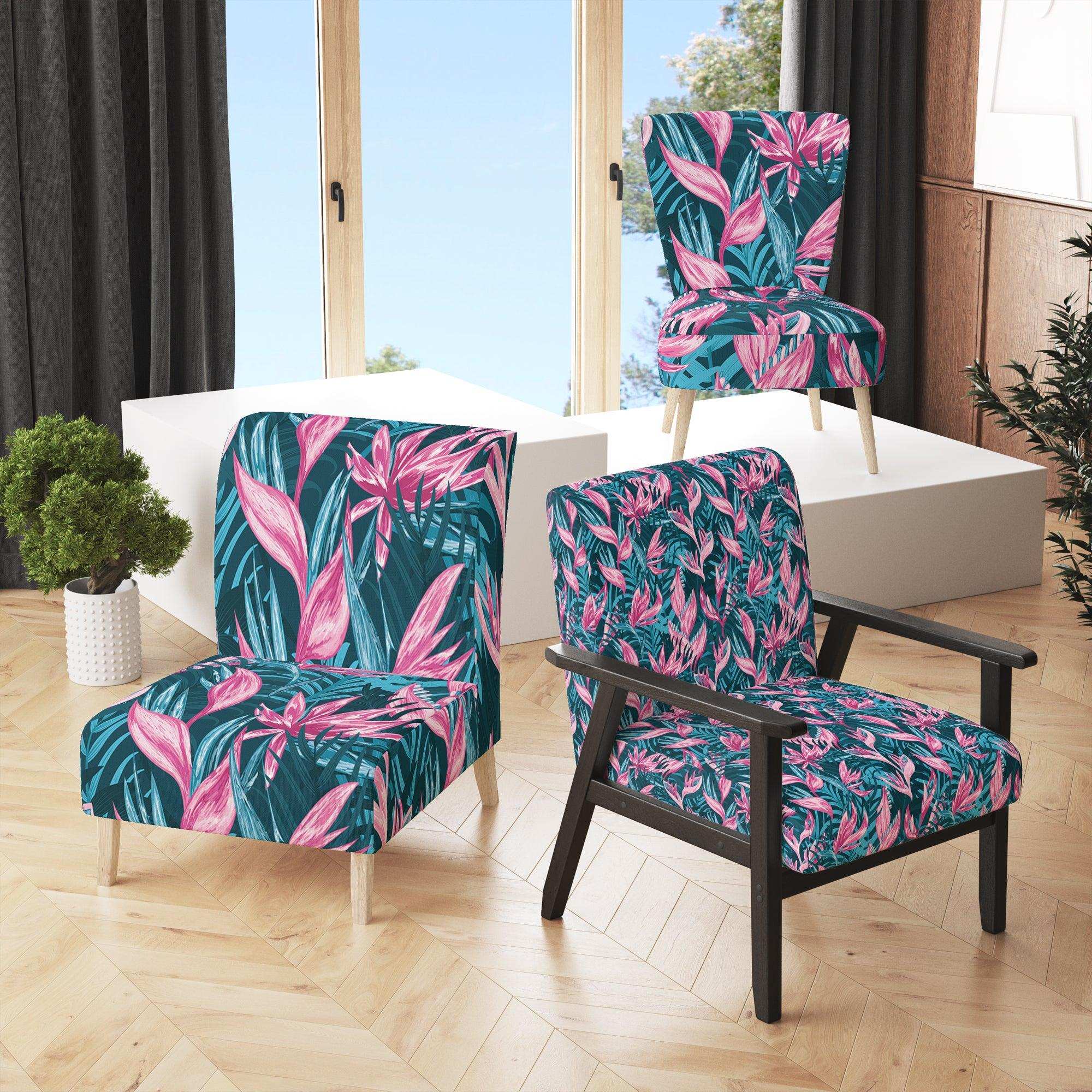 Handdrawn Tropical Flowers Mid-Century Accent Chair