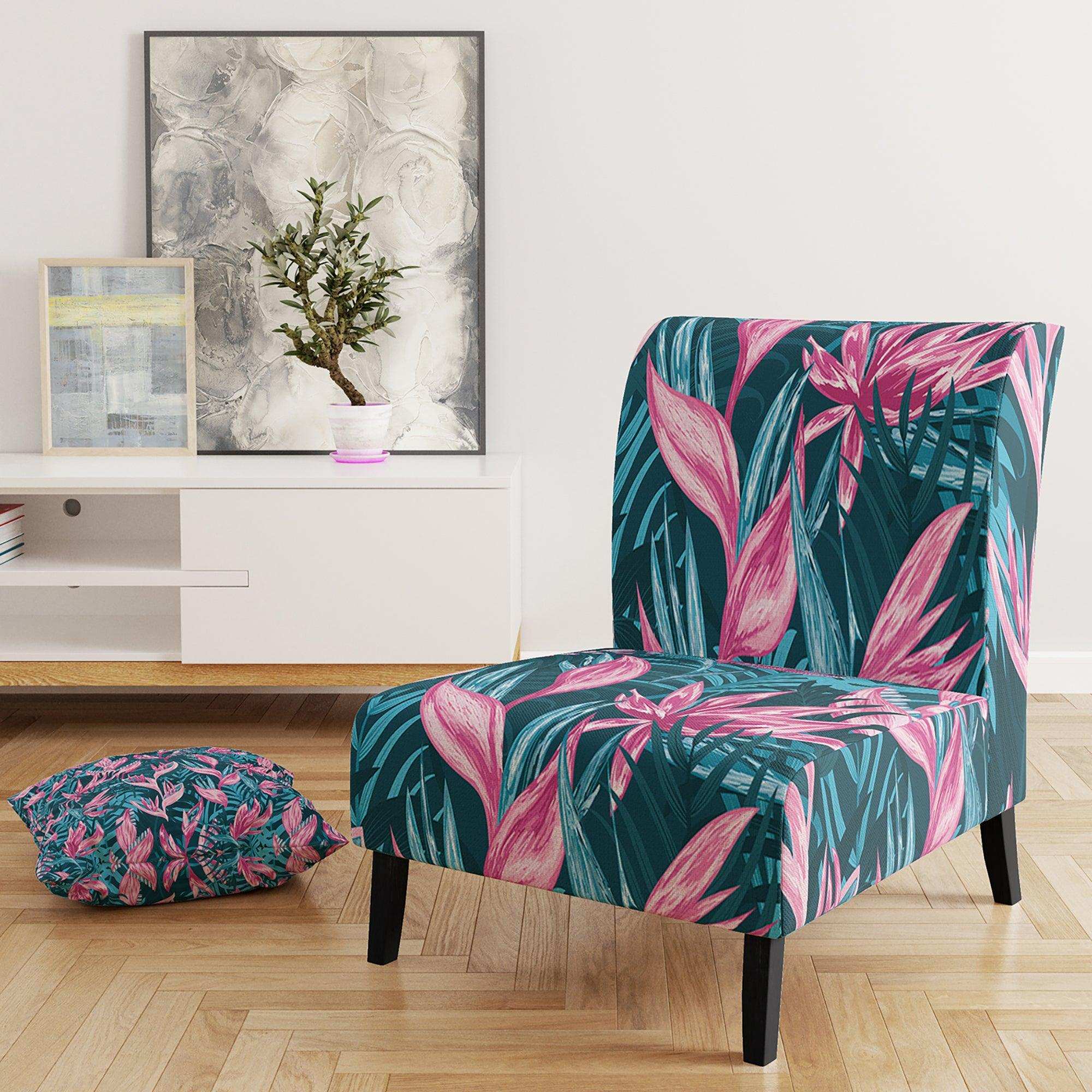 Handdrawn Tropical Flowers Mid-Century Accent Chair