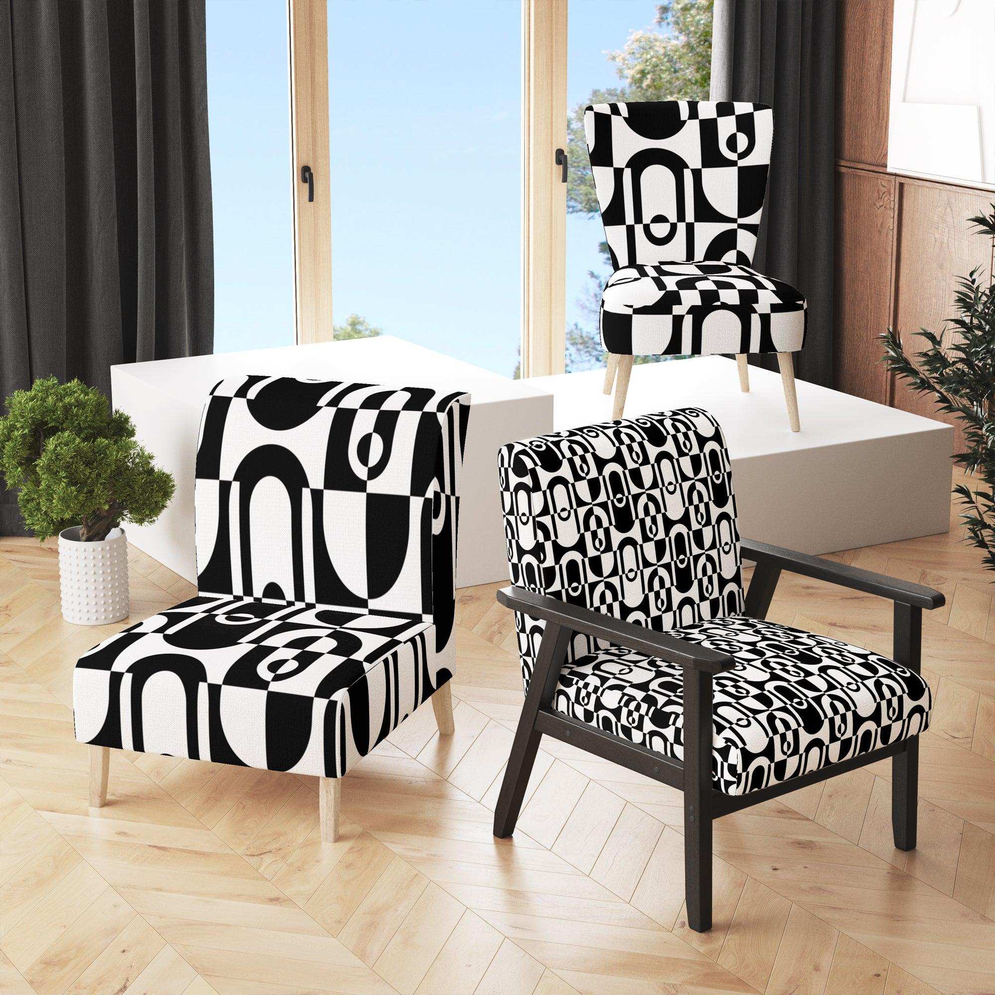Monochrome Geometric Pattern VIII Mid-Century Accent Chair