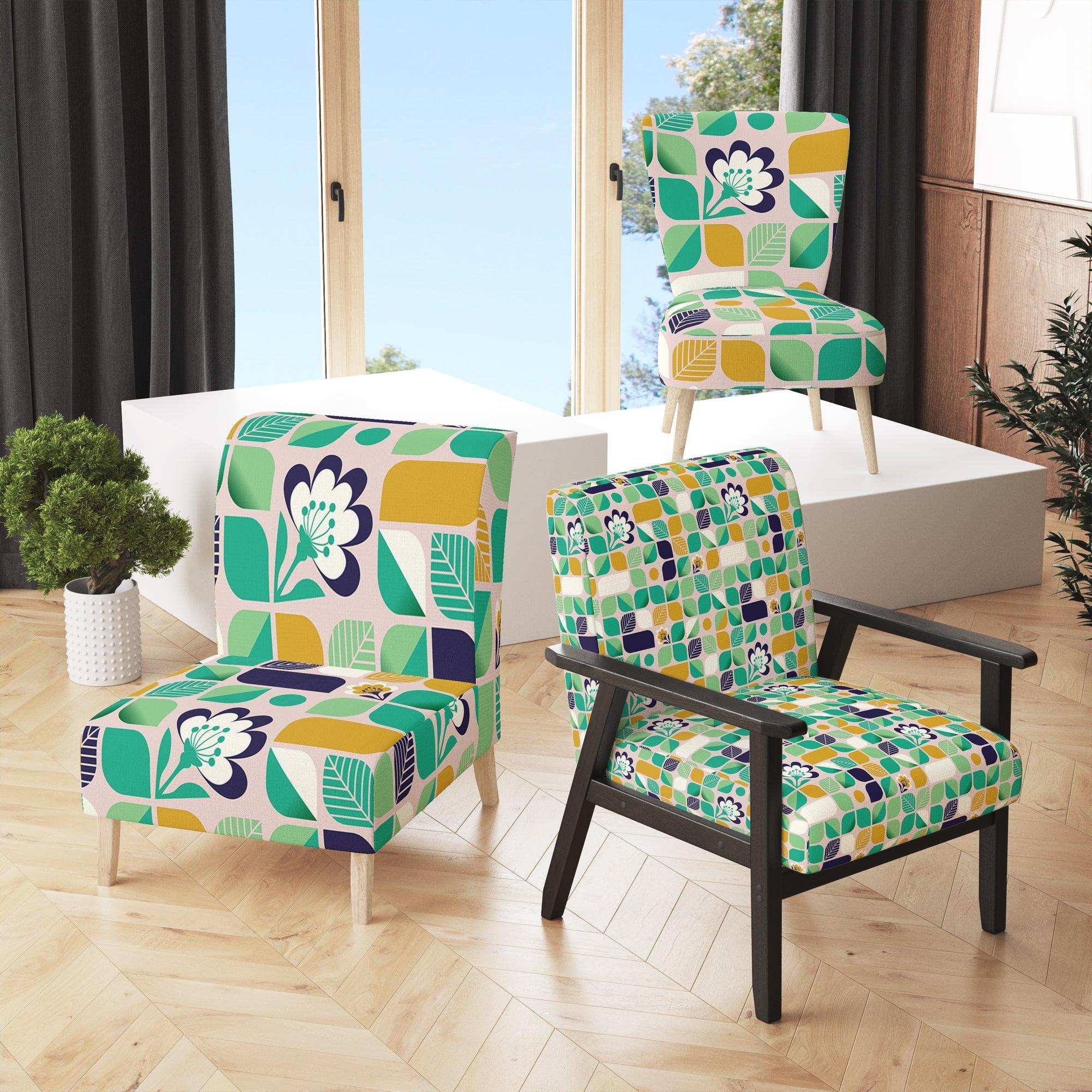 geometric pattern with leaves and flowers Mid-Century Accent Chair