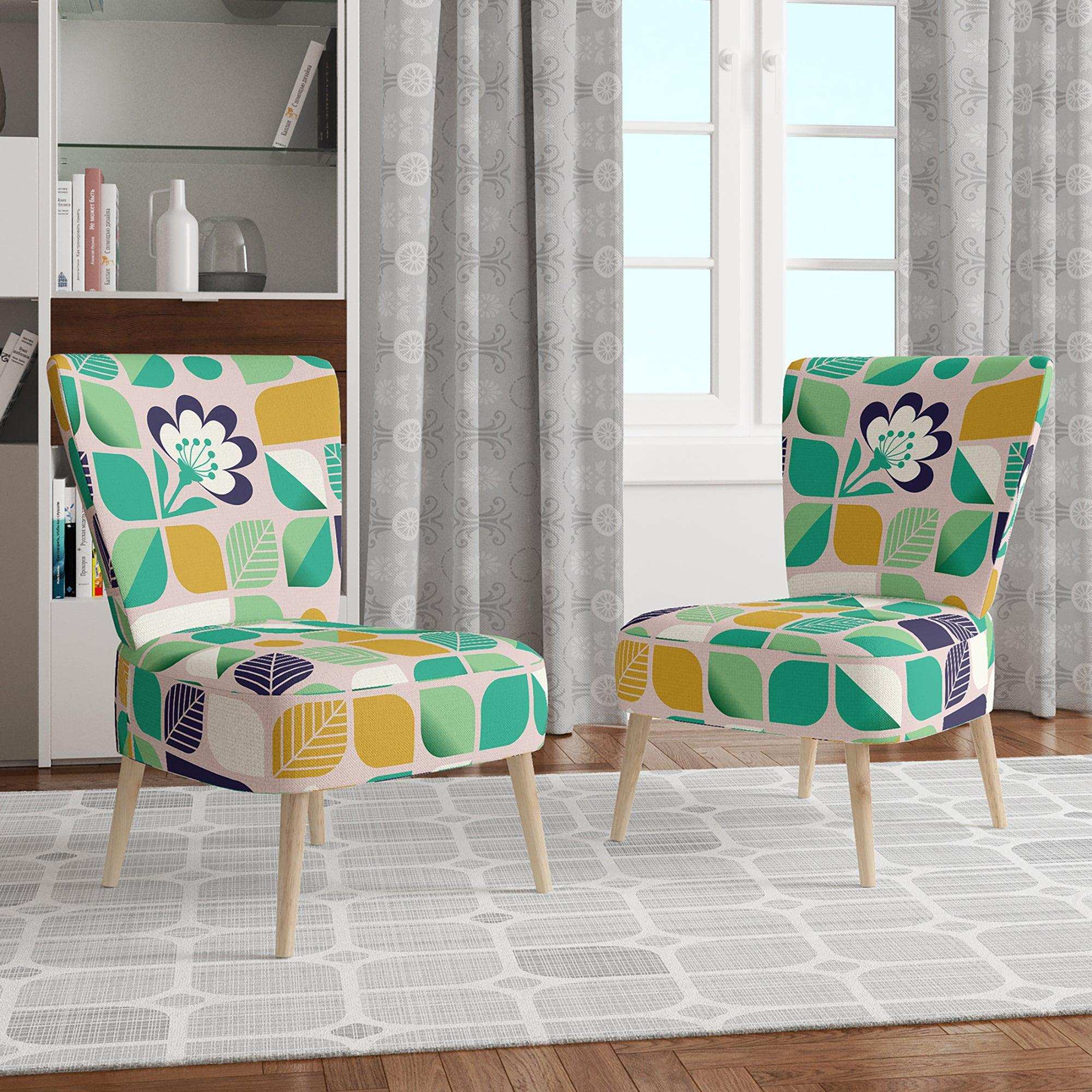geometric pattern with leaves and flowers Mid-Century Accent Chair