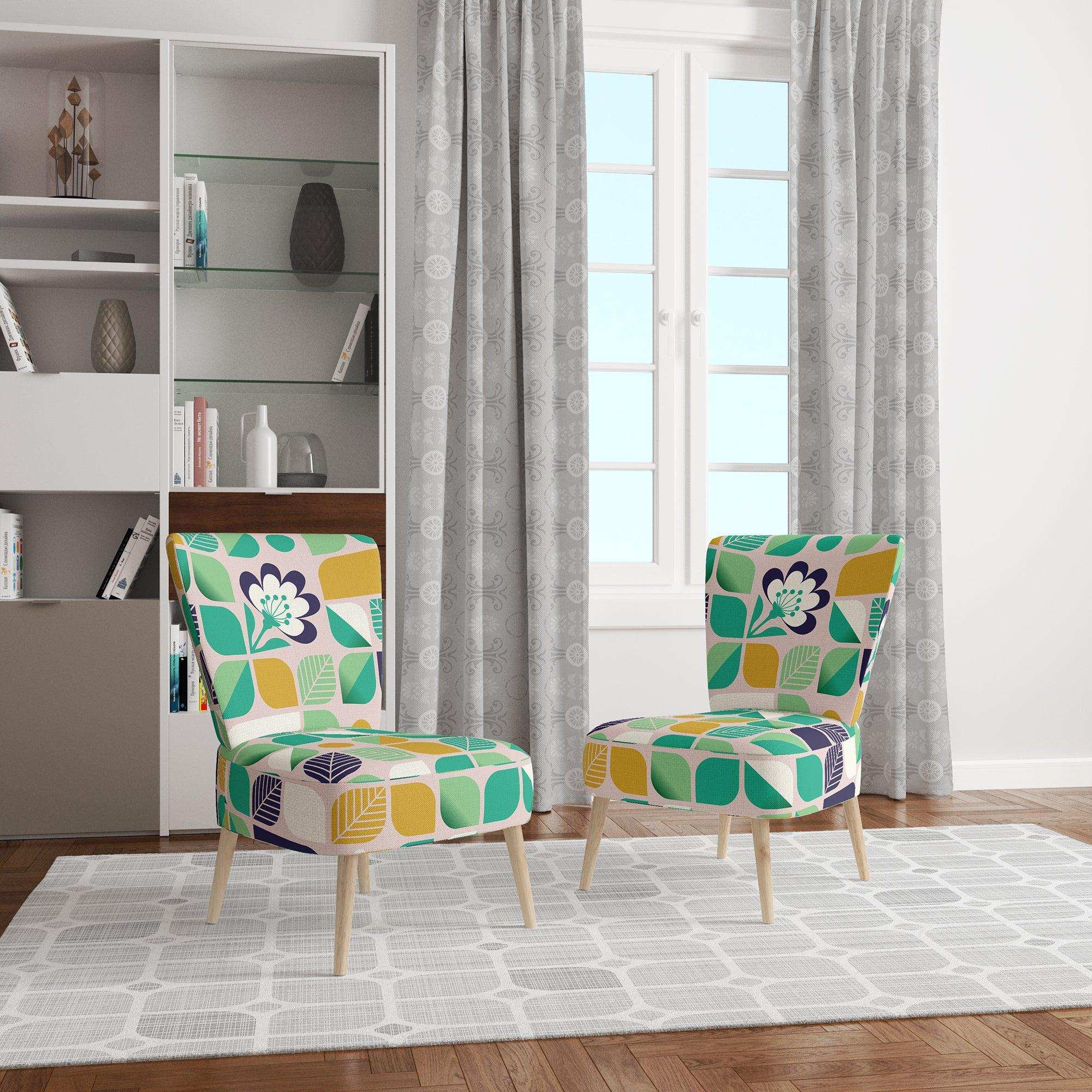 geometric pattern with leaves and flowers Mid-Century Accent Chair