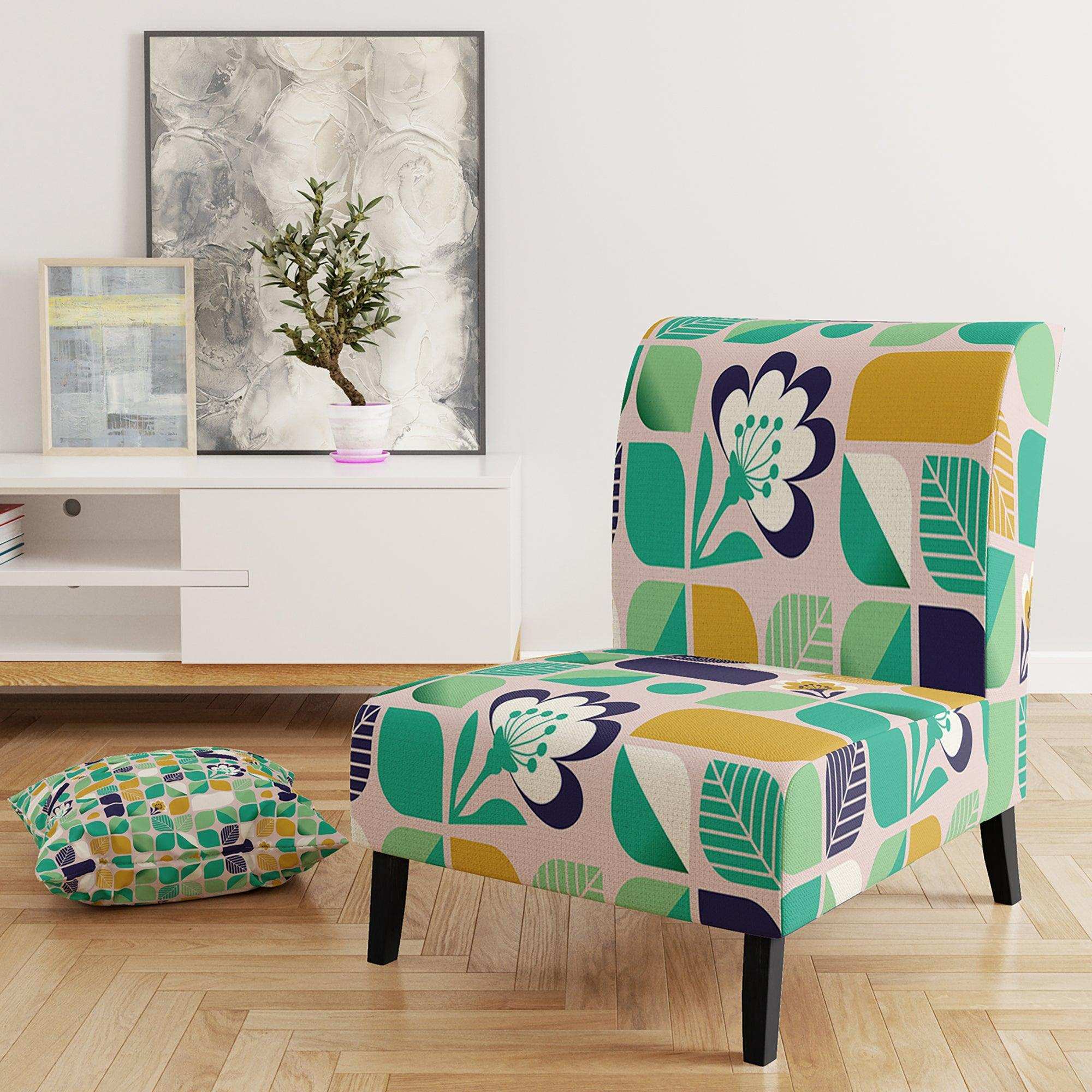 geometric pattern with leaves and flowers Mid-Century Accent Chair