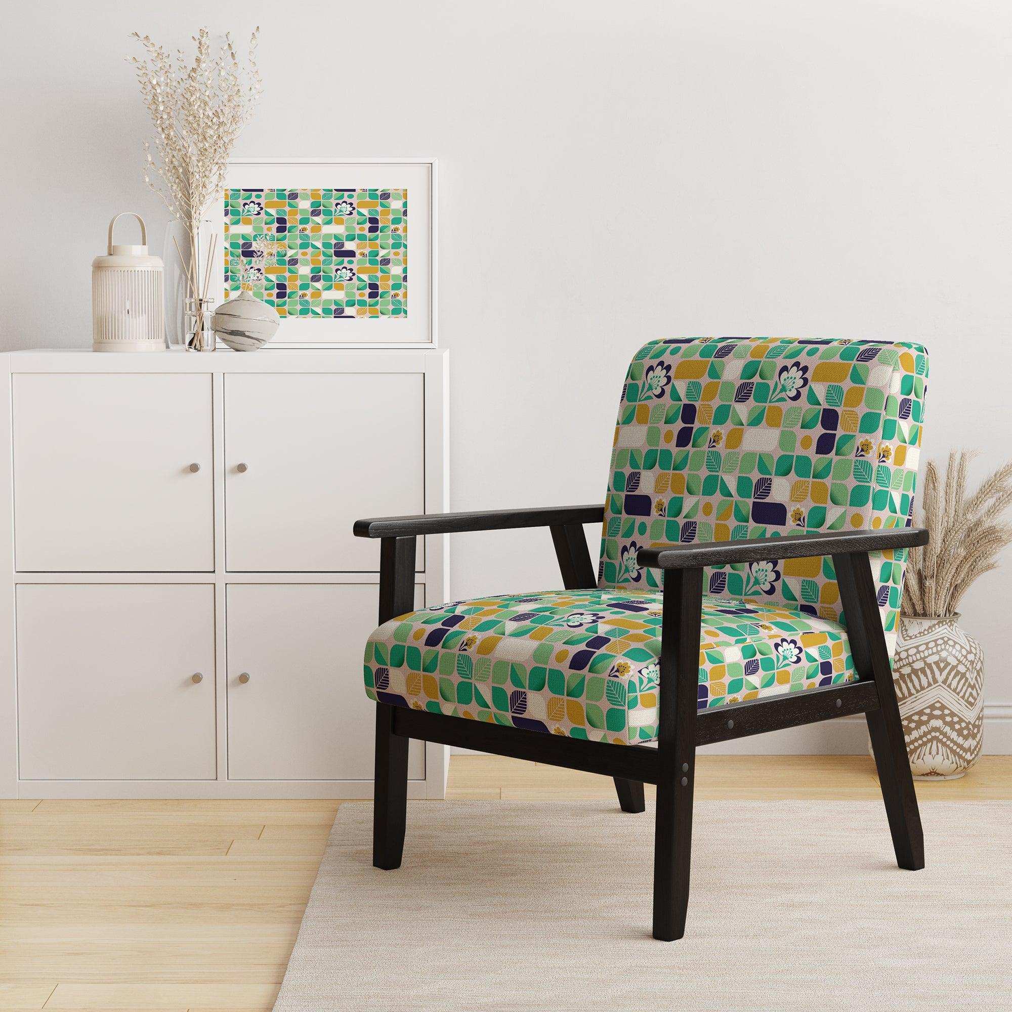 geometric pattern with leaves and flowers Mid-Century Accent Chair