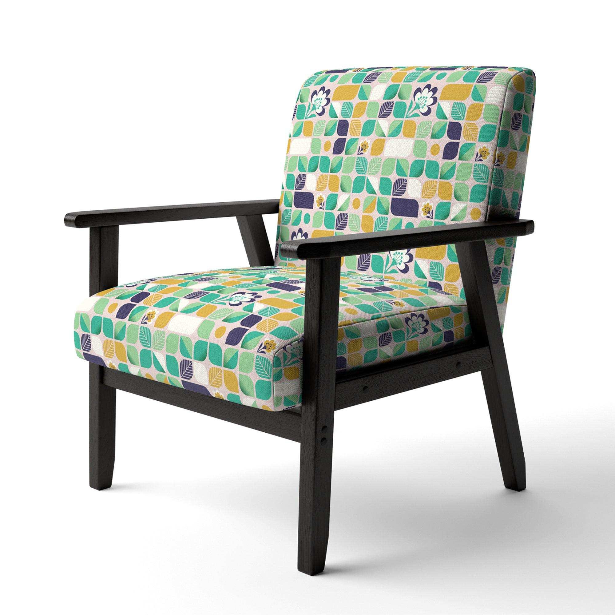 geometric pattern with leaves and flowers Mid-Century Accent Chair