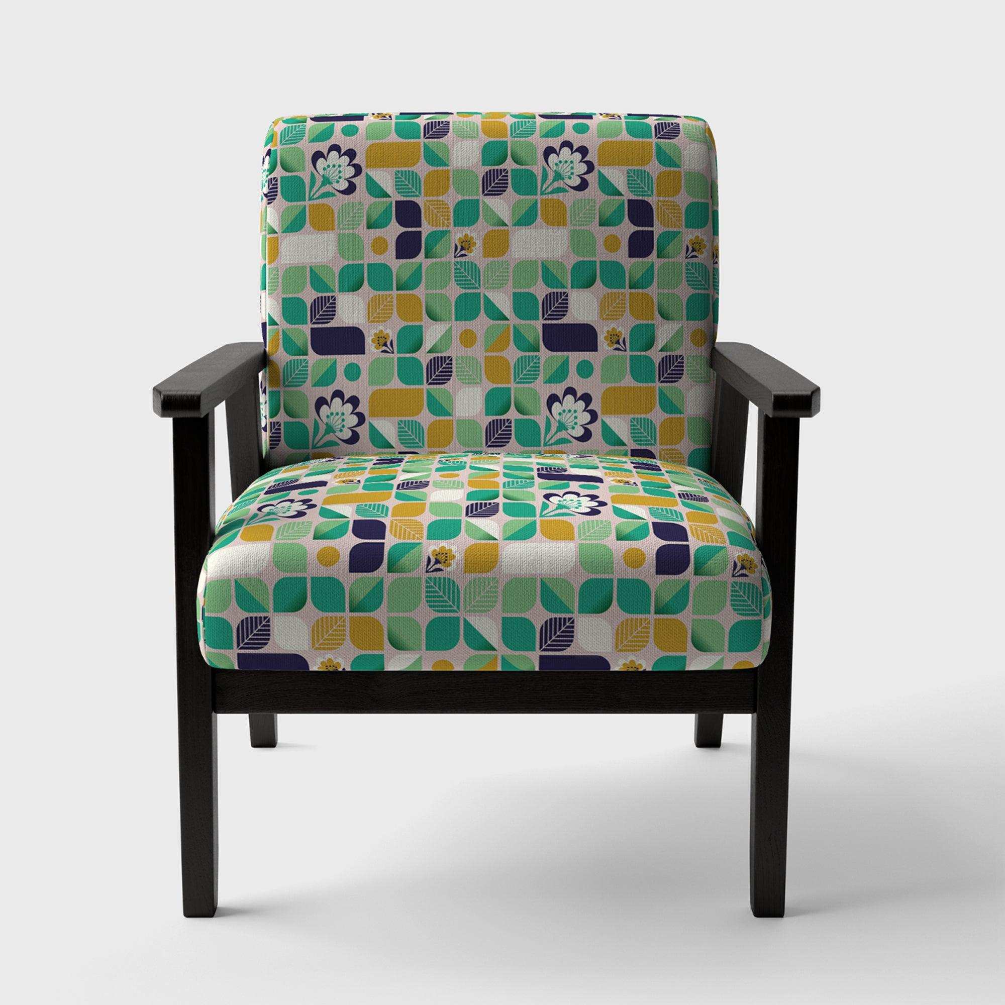 geometric pattern with leaves and flowers Mid-Century Accent Chair