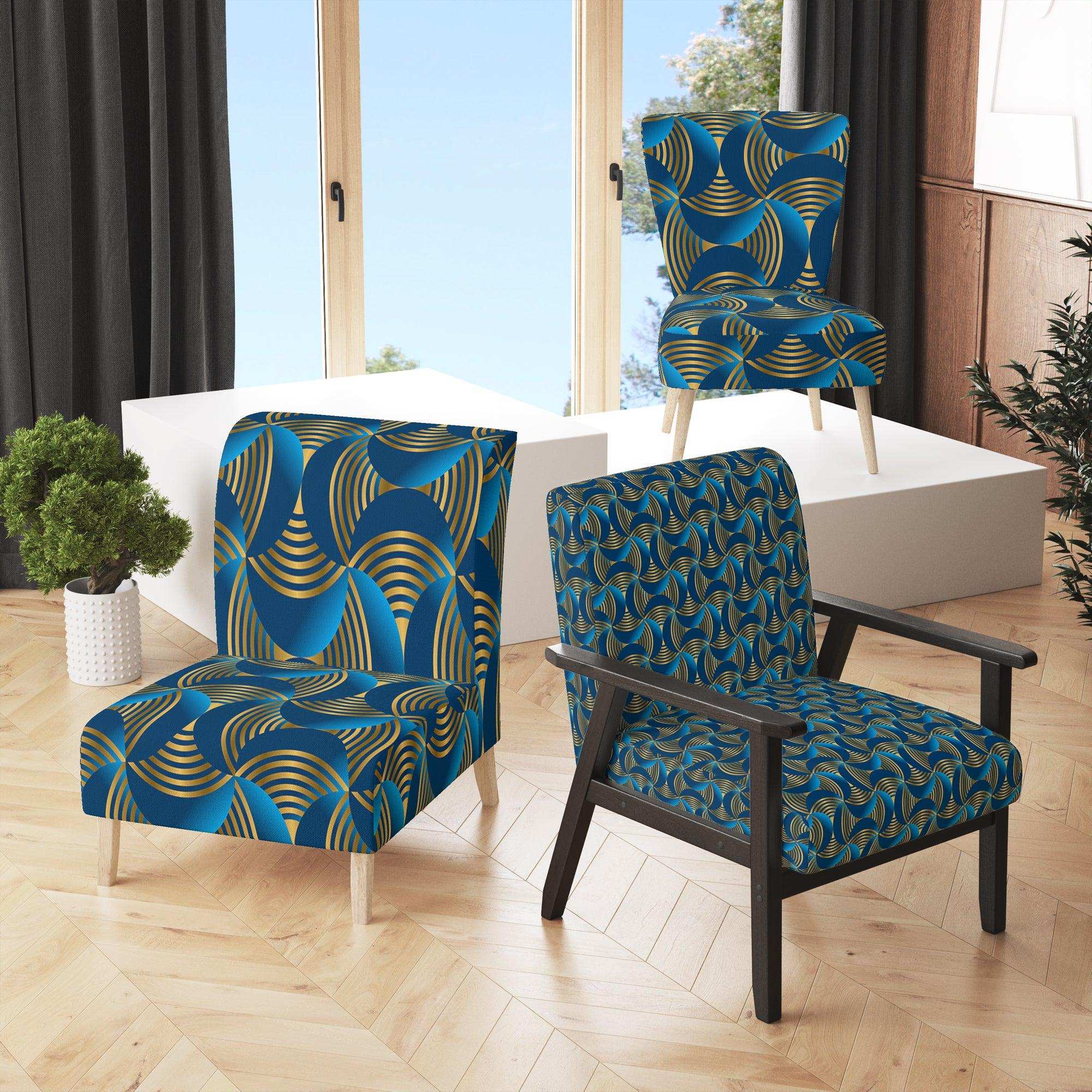 Geometric abstract waves in gold and marine blue Mid-Century Accent Chair