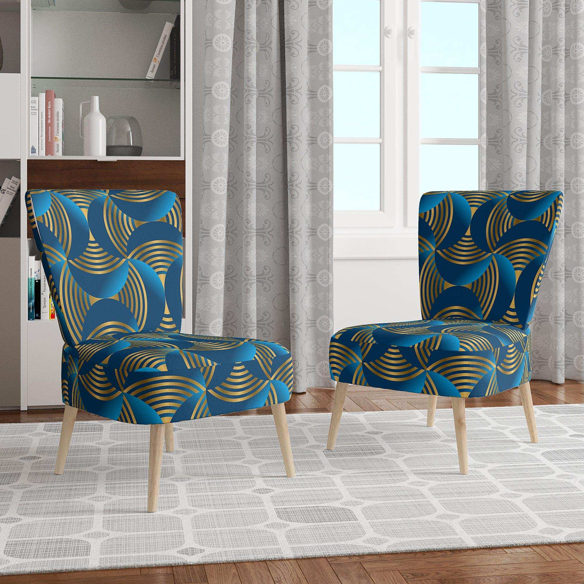 Geometric abstract waves in gold and marine blue Mid-Century Accent Chair