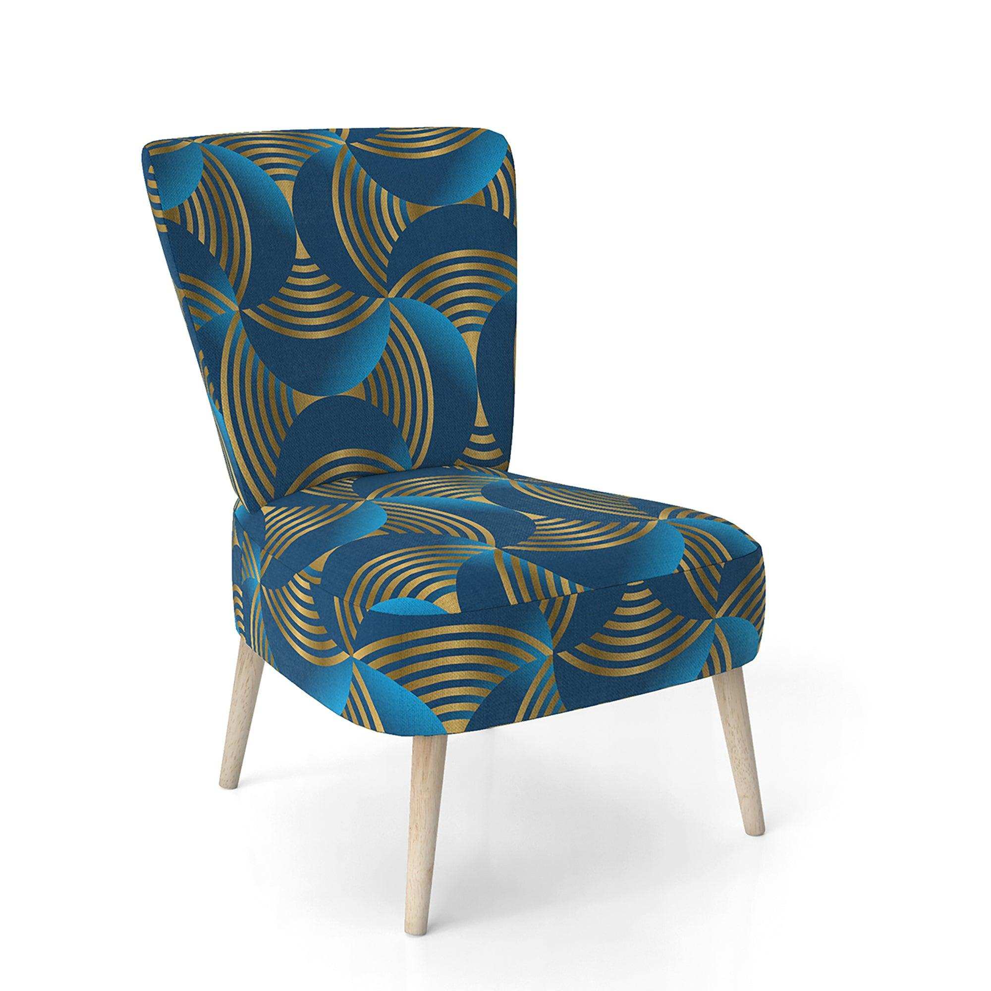 Geometric abstract waves in gold and marine blue Mid-Century Accent Chair