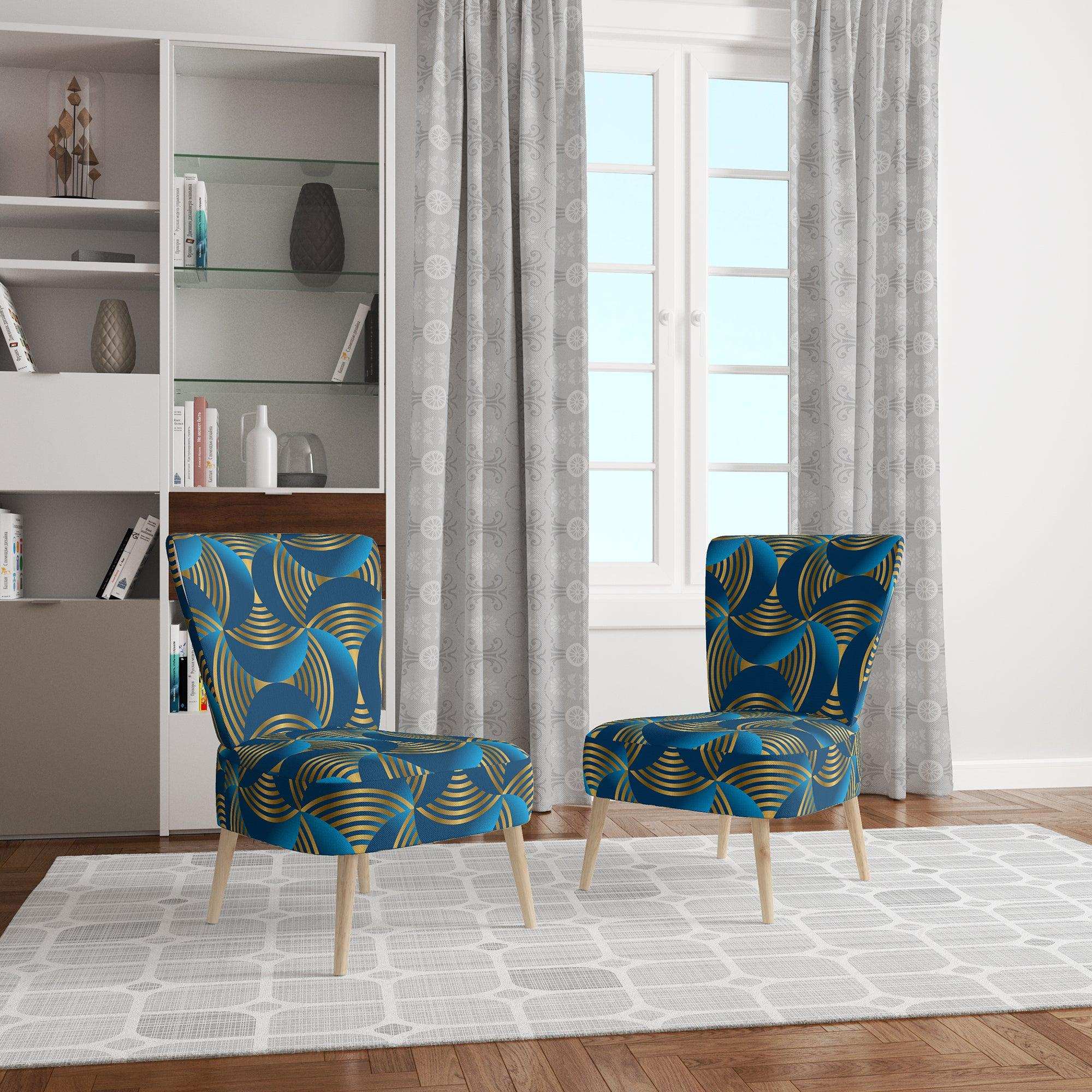 Geometric abstract waves in gold and marine blue Mid-Century Accent Chair