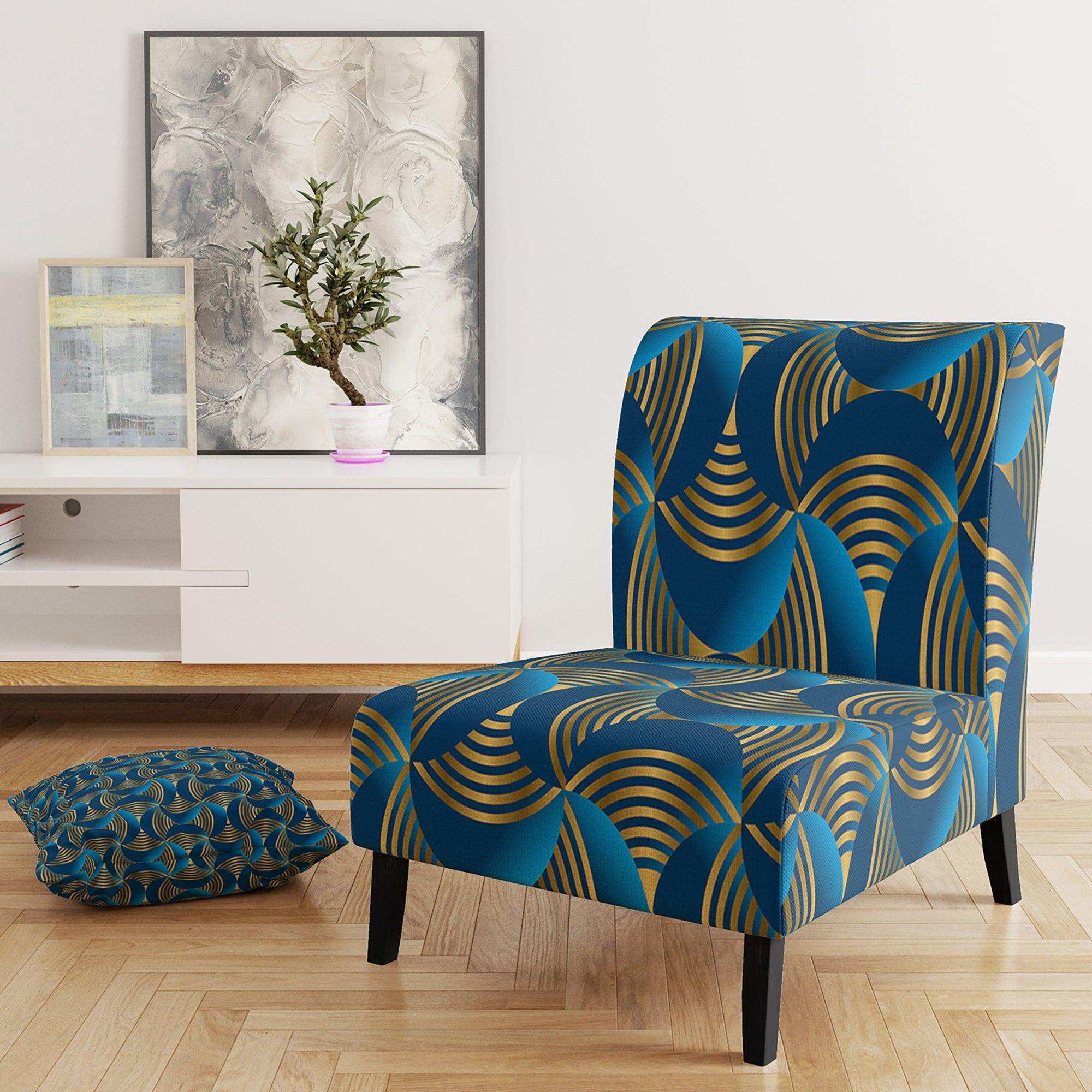 Geometric abstract waves in gold and marine blue Mid-Century Accent Chair