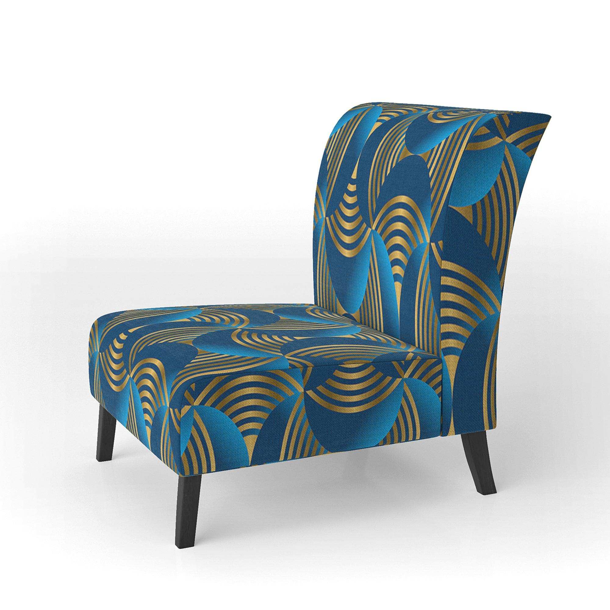 Geometric abstract waves in gold and marine blue Mid-Century Accent Chair