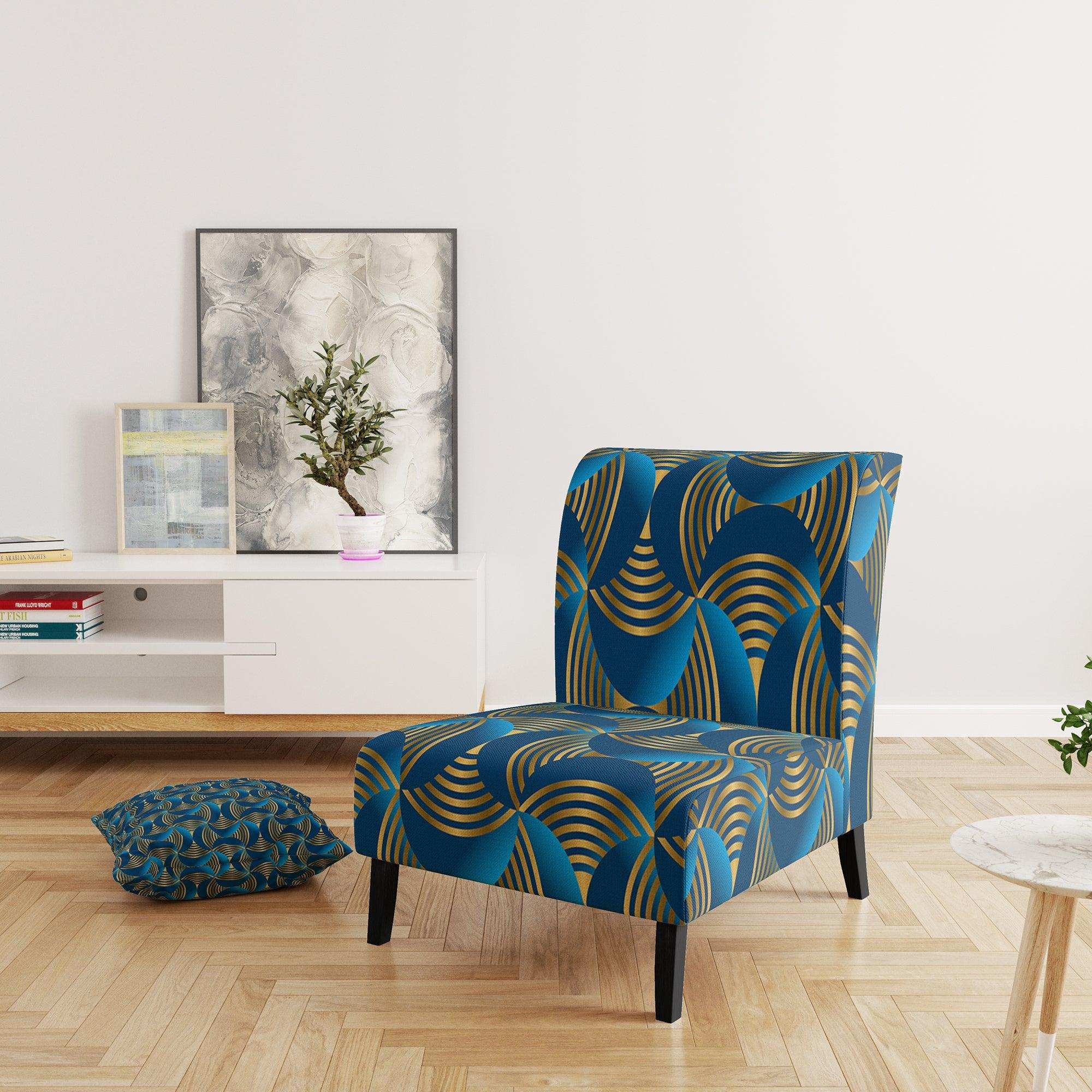 Geometric abstract waves in gold and marine blue Mid-Century Accent Chair