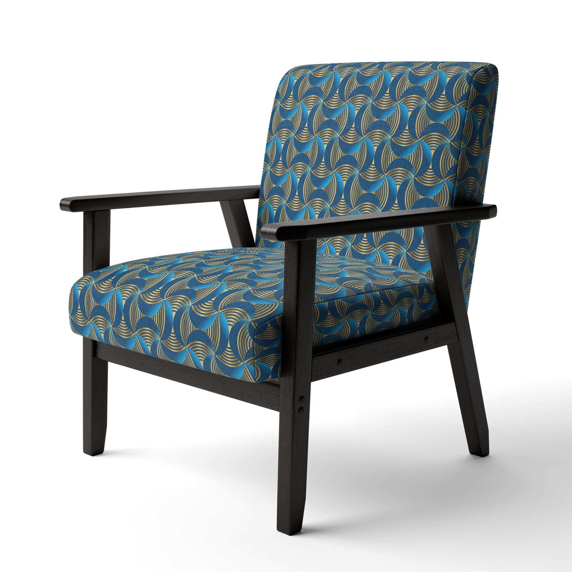 Geometric abstract waves in gold and marine blue Mid-Century Accent Chair