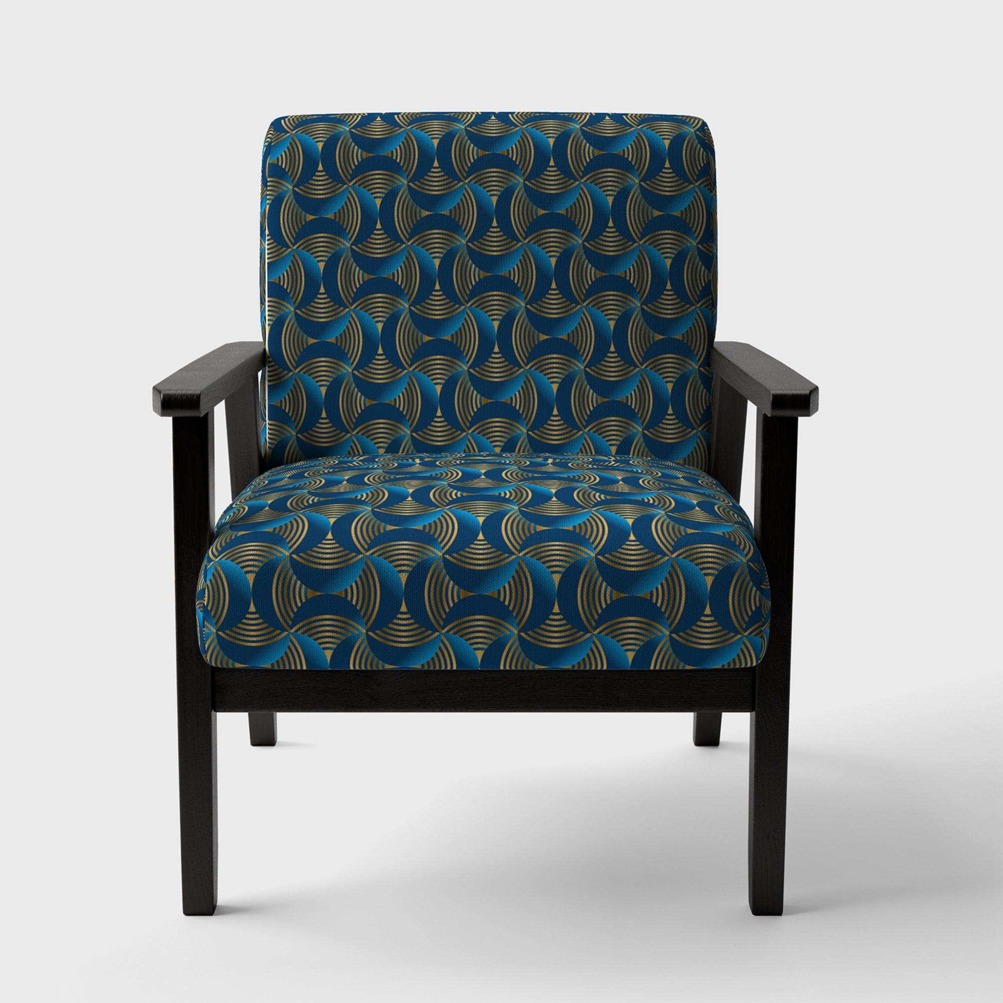 Geometric abstract waves in gold and marine blue Mid-Century Accent Chair