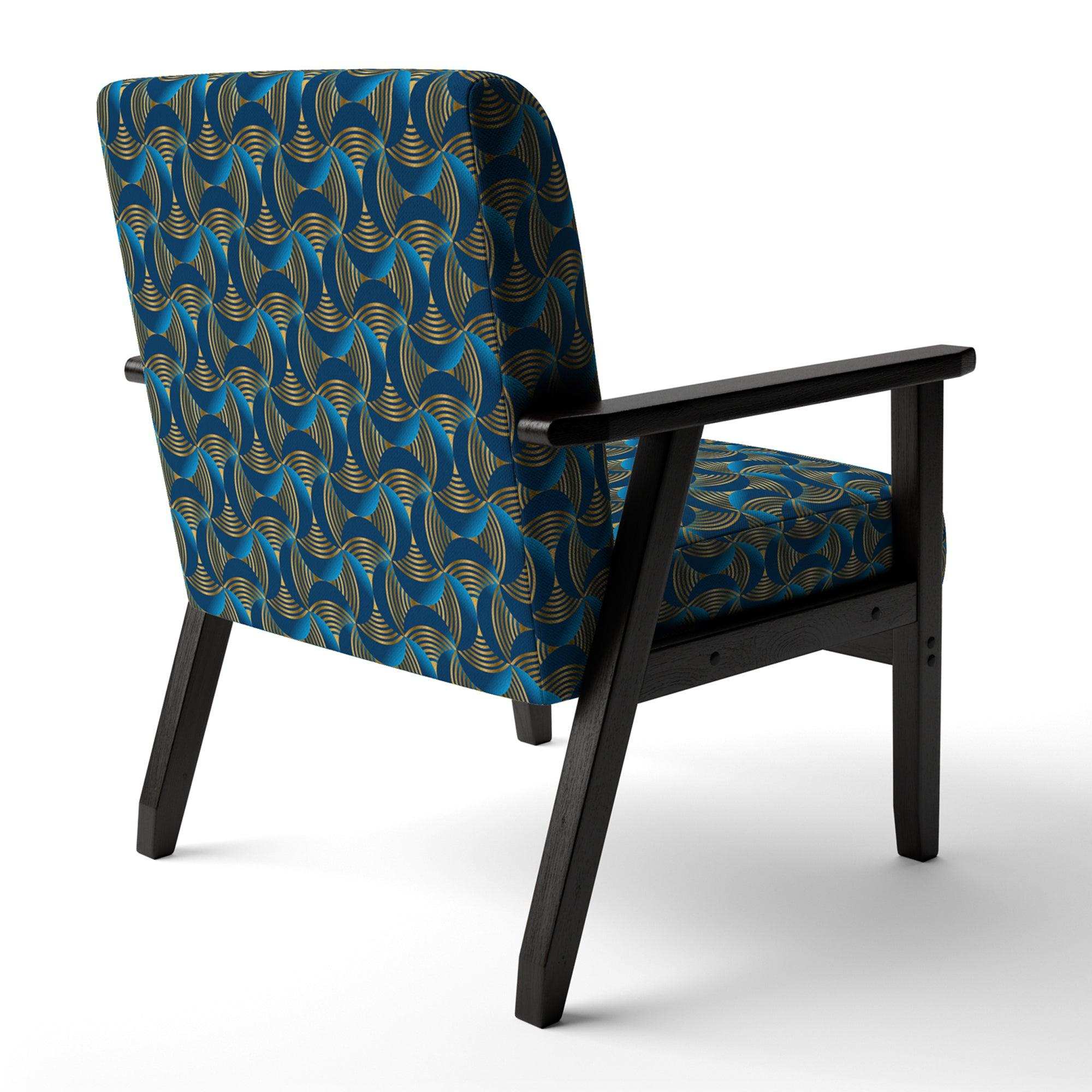 Geometric abstract waves in gold and marine blue Mid-Century Accent Chair