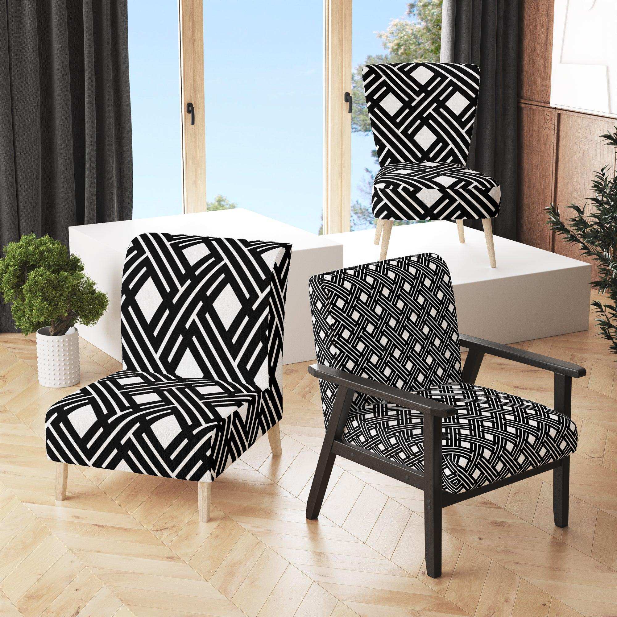 Monochrome Geometric Pattern II Mid-Century Accent Chair