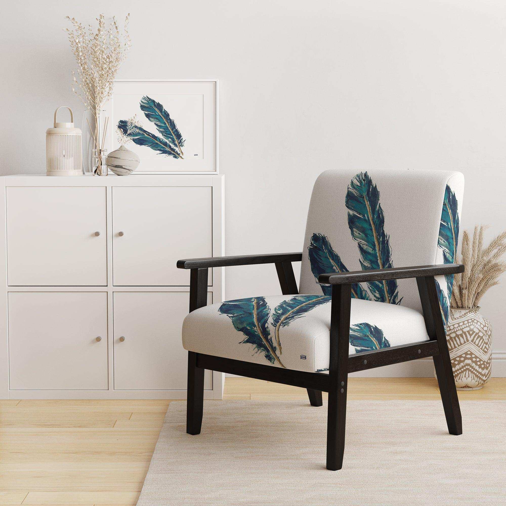 Gold Indigo Feathers III Modern Bohemian Accent Chair