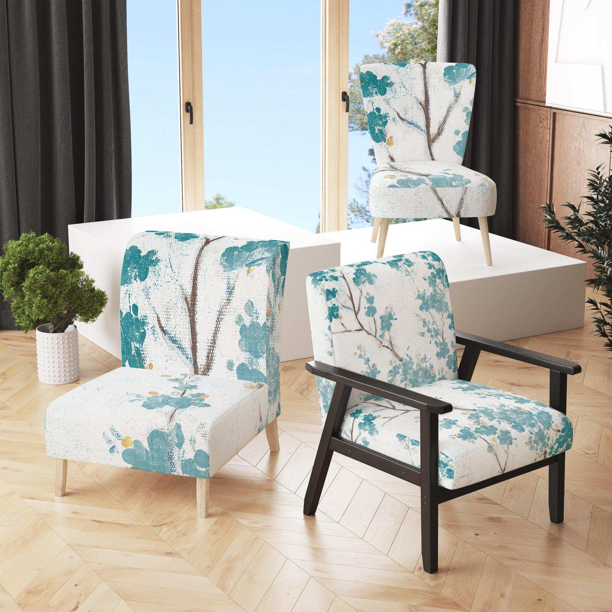 Teal Cherry Blossoms II Tranditional Accent Chair