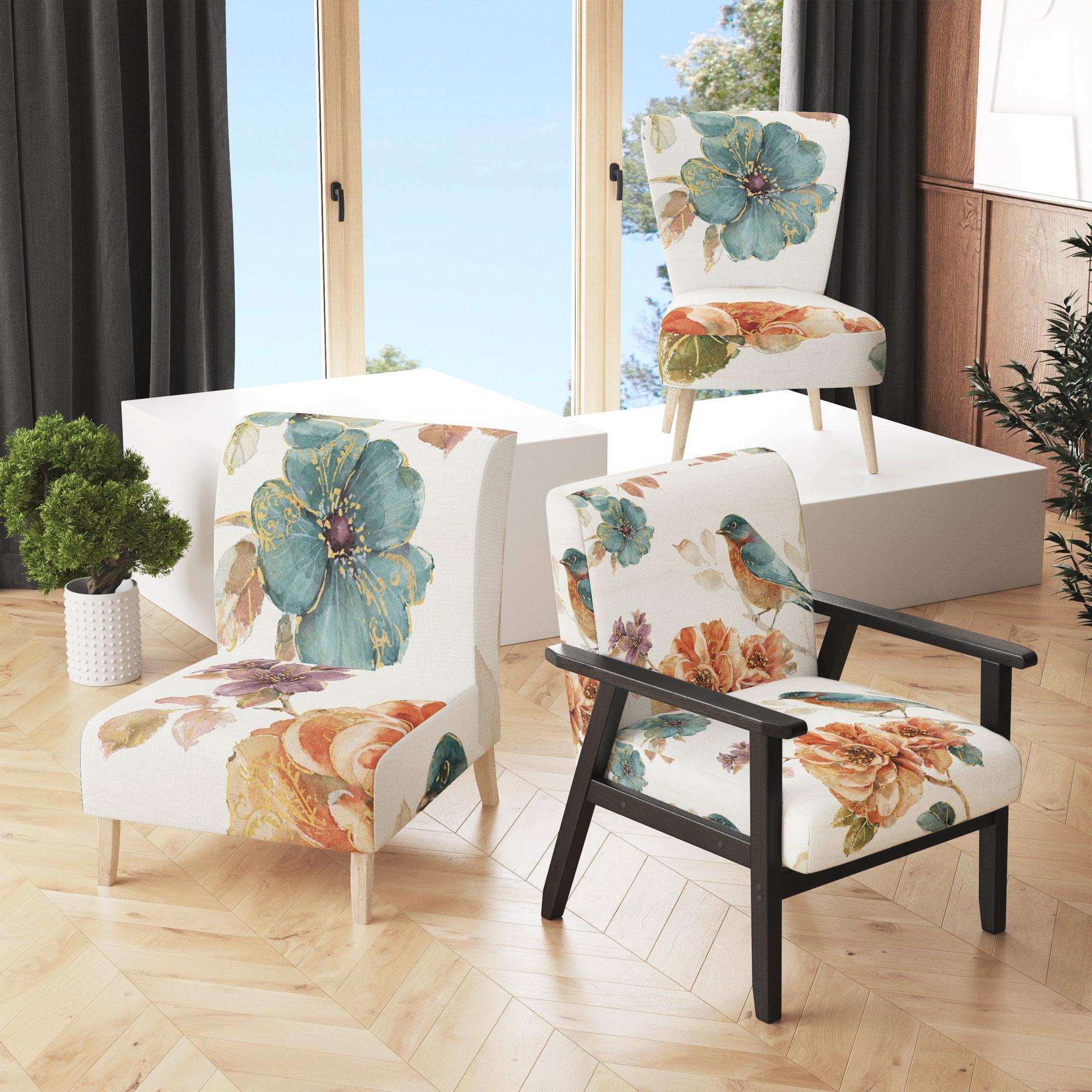 Cottage Bird on Orange Flower Twig Traditional Accent Chair