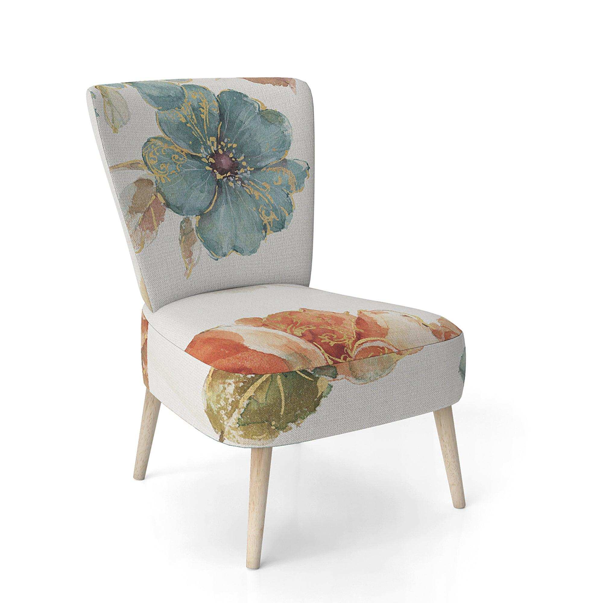 Cottage Bird on Orange Flower Twig Traditional Accent Chair