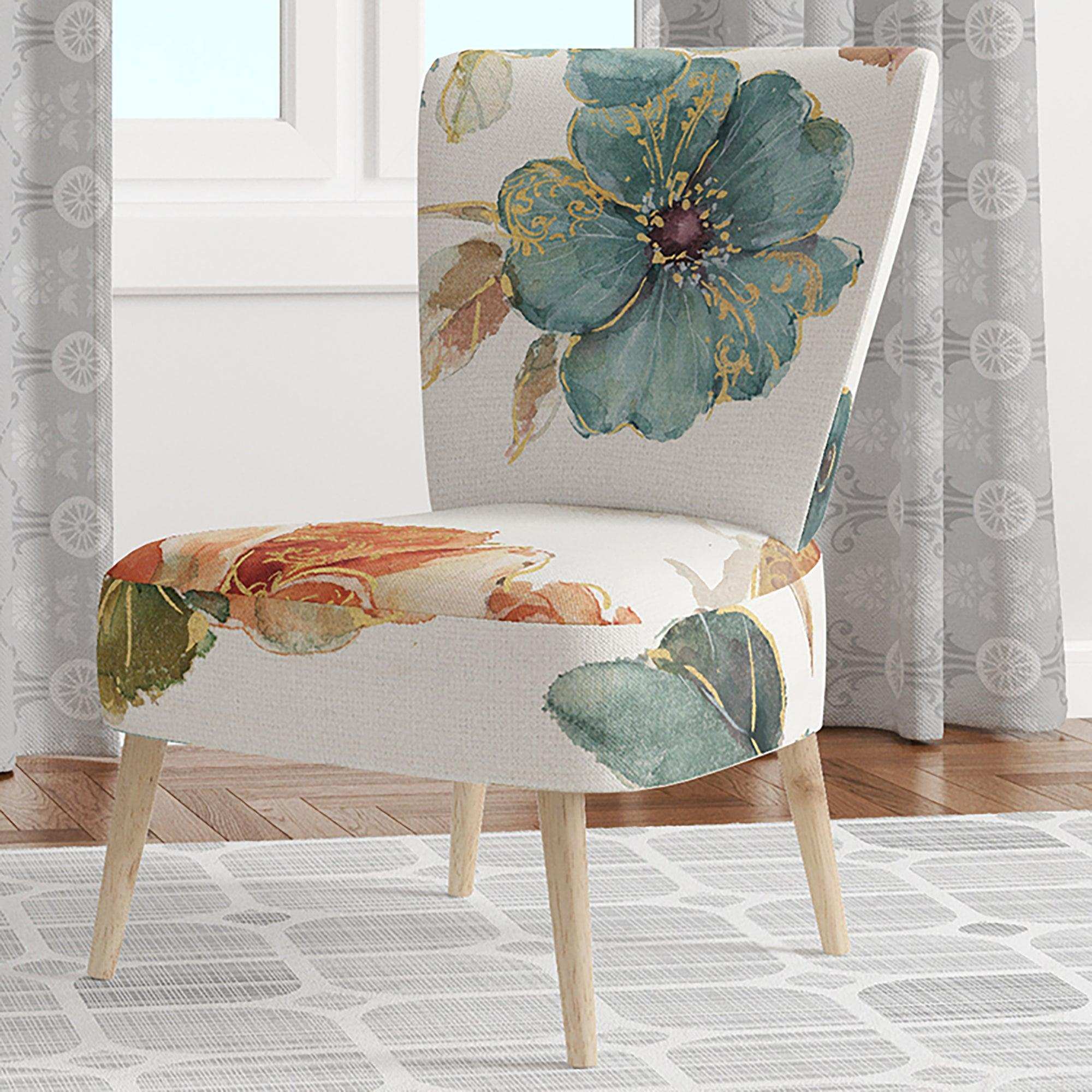 Cottage Bird on Orange Flower Twig Traditional Accent Chair